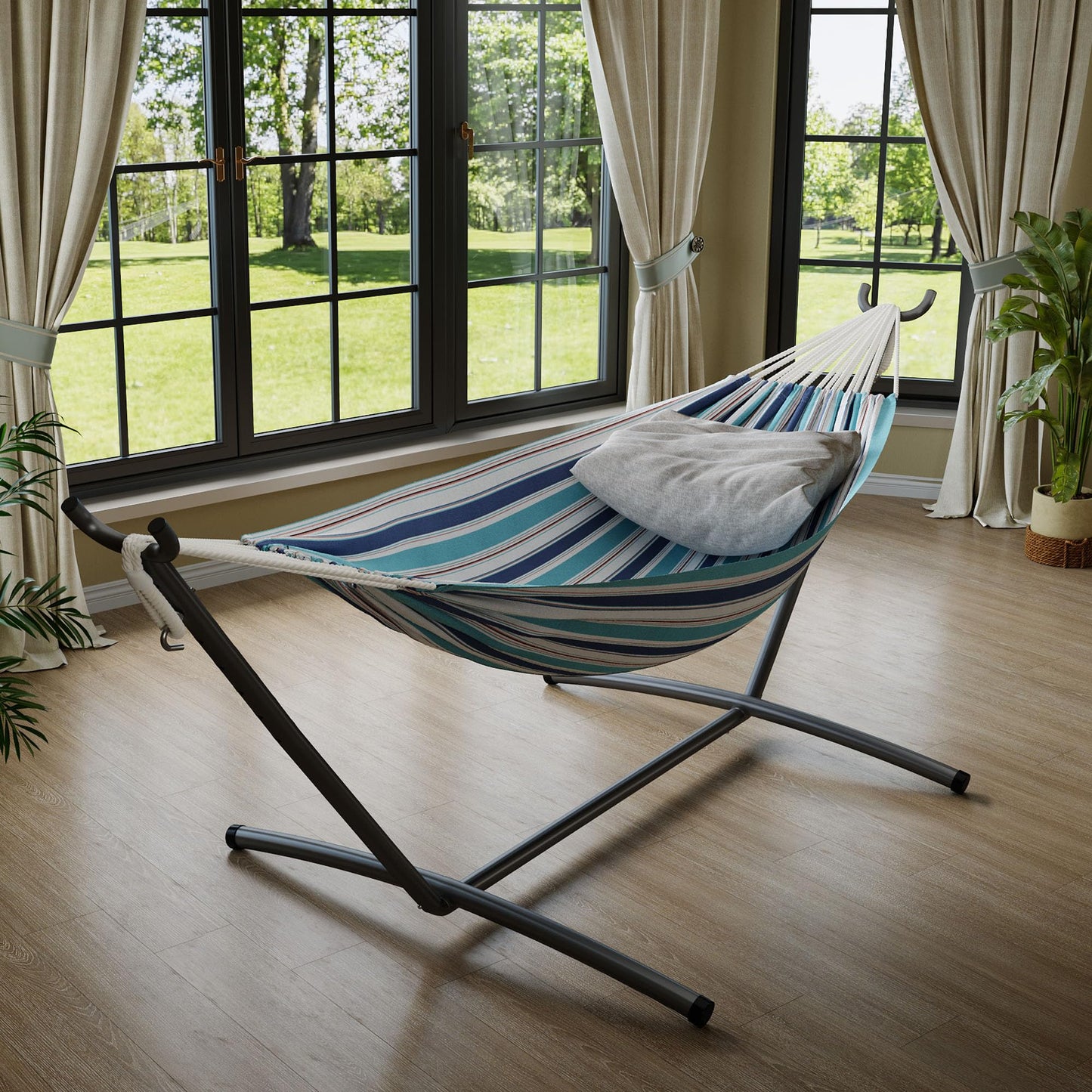 GarveeLife Double 2 Person Hammock, Indoor Outdoor Standing Hammock with Space Saving Steel Stand, Carry Bag, 450 LBS Weight Capacity, Suitable for Garden Camping Beach, Ocean
