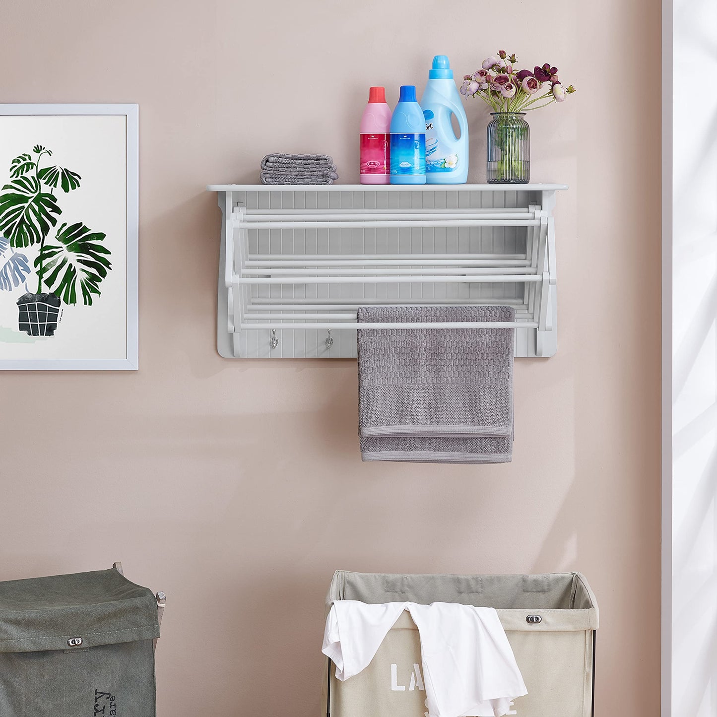 Danya B Accordion Clothes Drying Rack, Retractable, Wall Mounted Towel Rack and Hooks for Clothes and Towels for use in Laundry Room or Garage (White)