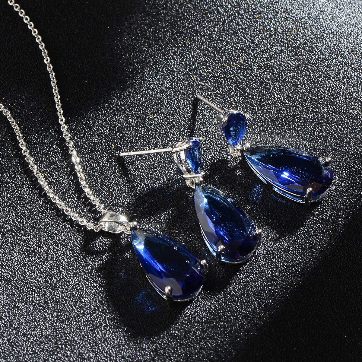 Mycitta Blue Sapphire Jewelry Set for Women - Sterling Silver Teardrop Cubic Zirconia Crystal CZ Necklace Earrings Set for Bride Bridesmaids Prom Party Formal Jewelry Set