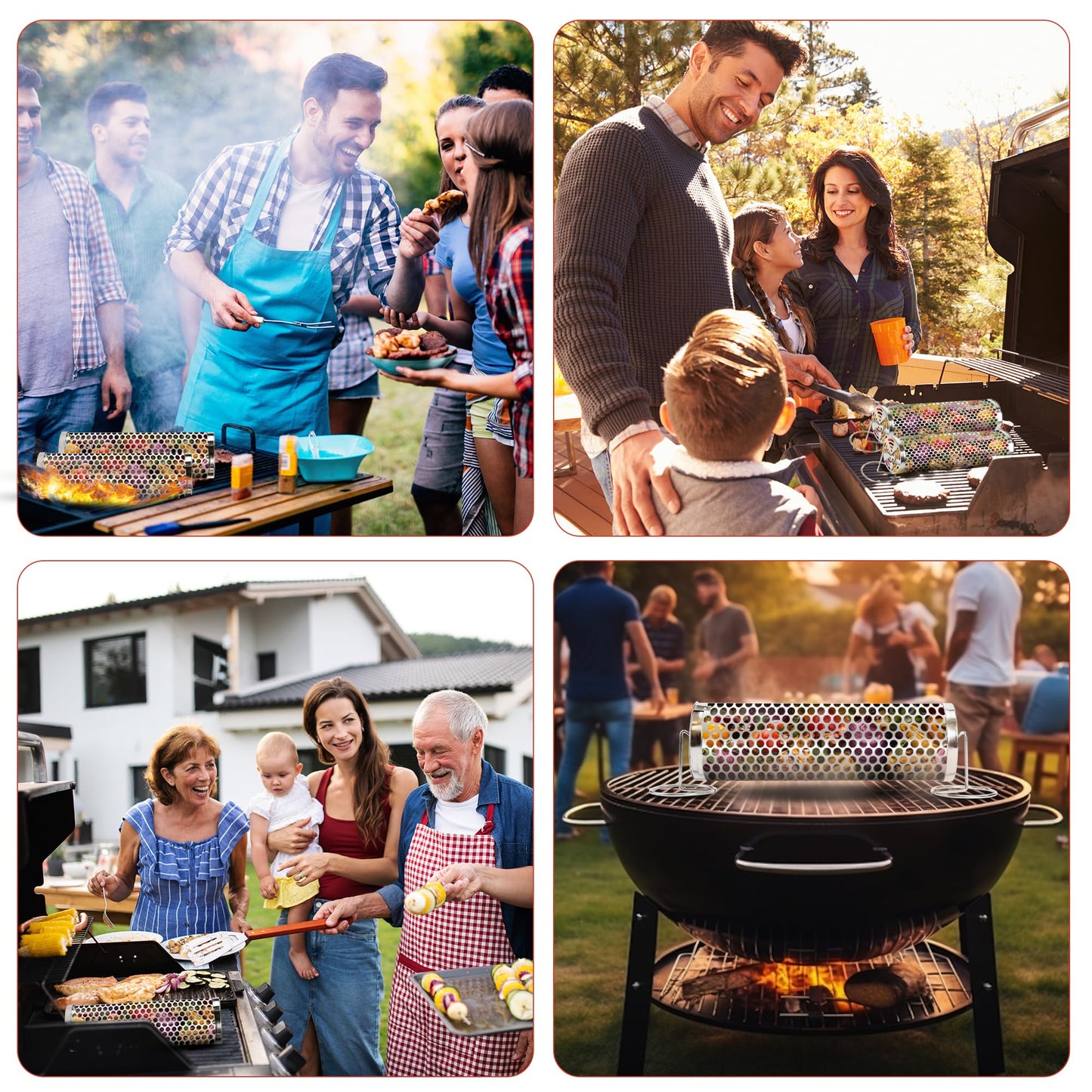 Rolling Grilling Baskets (2 PCS) - 360° Heavy Duty Stainless Steel BBQ Basket, Complete Set for Outdoor Cooking and Party