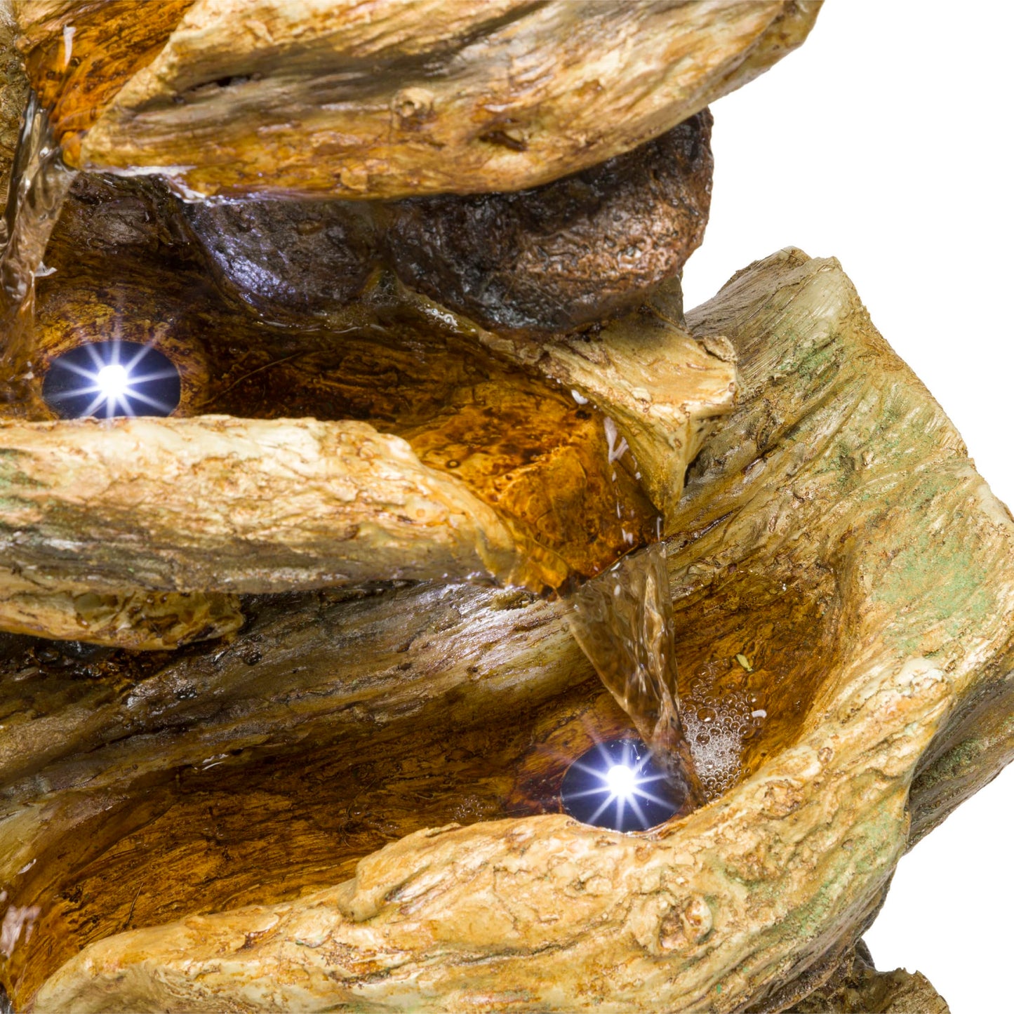 Alpine Corporation TZL226 Outdoor 4 Tier Log Tree Trunk Waterfall Floor Fountain with LED Lights, Tiered Garden Décor, 24" H, Brown
