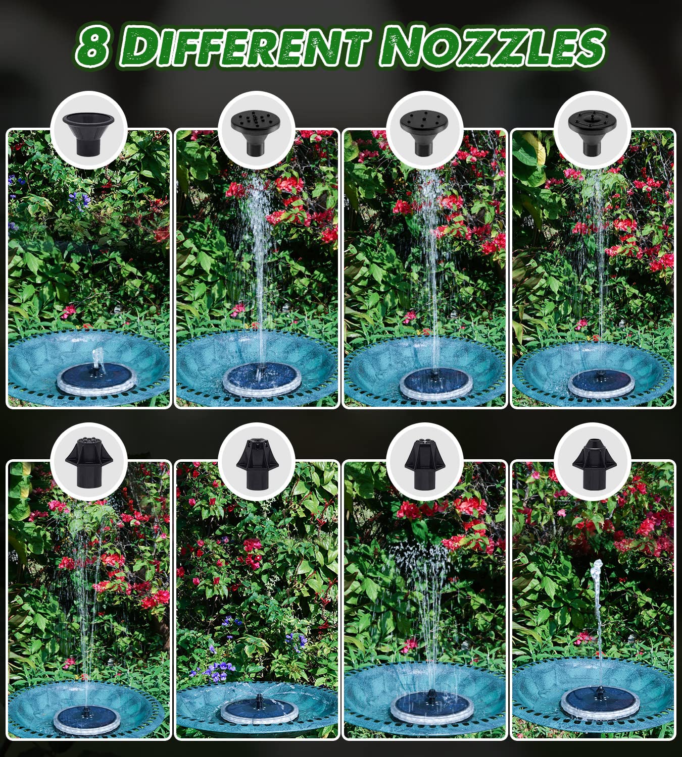 Yzert Solar Fountain Matte Panel with 4000 mAH Battery, 4W Bird Bath Fountains Solar Power with 8 Nozzles, Floating Solar Fountain Pump for Bird Bath, Garden, Pond, Outdoor (Color Change)