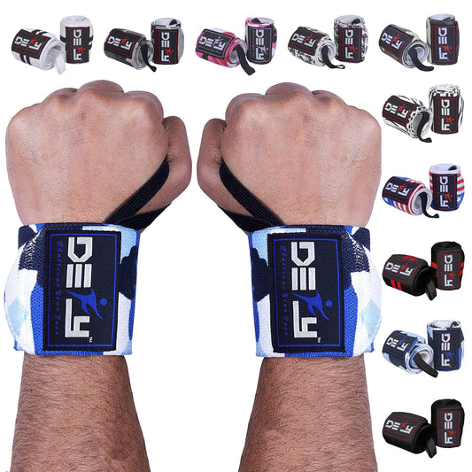 DEFY 18” Weightlifting Wrist Wraps – Professional Fitness Wrist Wraps for Men & Women with Thumb Loop - Wrist Support for Weightlifting, Strength Training, Powerlifting & Bodybuilding (Blue Camo)
