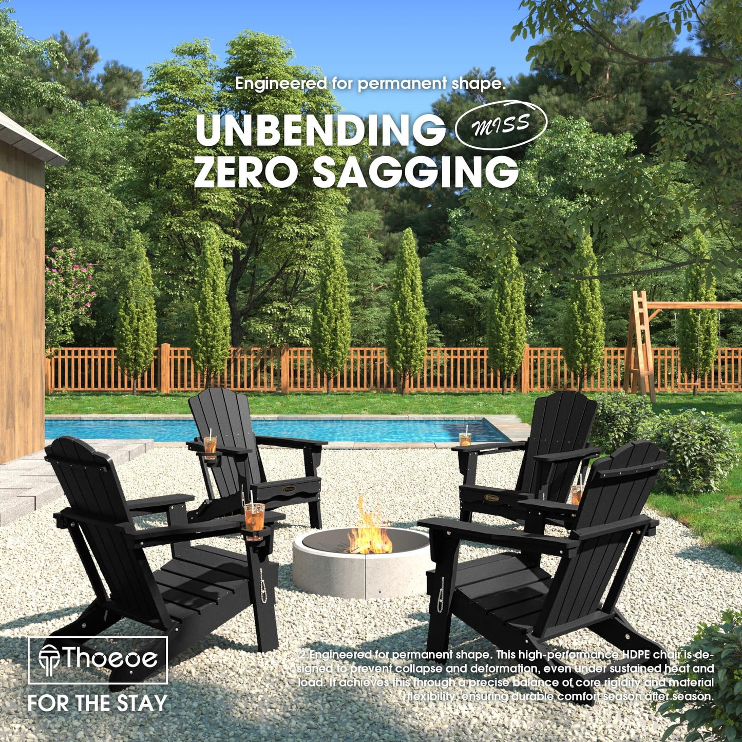THOEOE Folding Adirondack Chair,HDPE All-Weather Outdoor Chair with Cup Holder,Wooden Textured,Fire Pit Chair,Plastic Patio Chair for Deck,Backyard,Garden,Lawn, Black