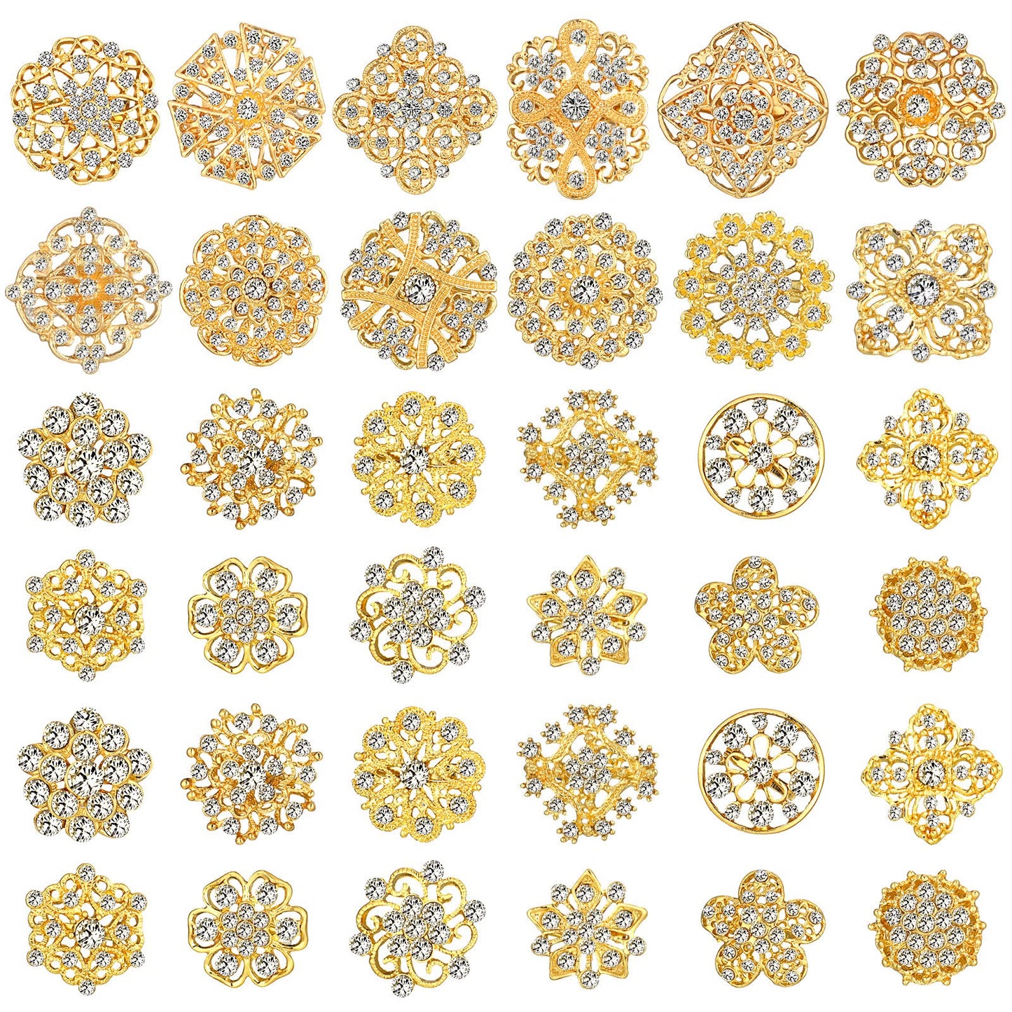 36 Pieces Clear Rhinestone Brooches for Crafts Crystal Flower Brooch Pins with Rhinestones silver Bulk Brooches Jewelry for Woman Flower Lapel Badge Pins DIY Wedding Bouquet Broaches Kit (Gold)