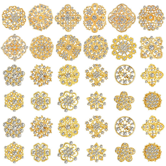 36 Pieces Clear Rhinestone Brooches for Crafts Crystal Flower Brooch Pins with Rhinestones silver Bulk Brooches Jewelry for Woman Flower Lapel Badge Pins DIY Wedding Bouquet Broaches Kit (Gold)