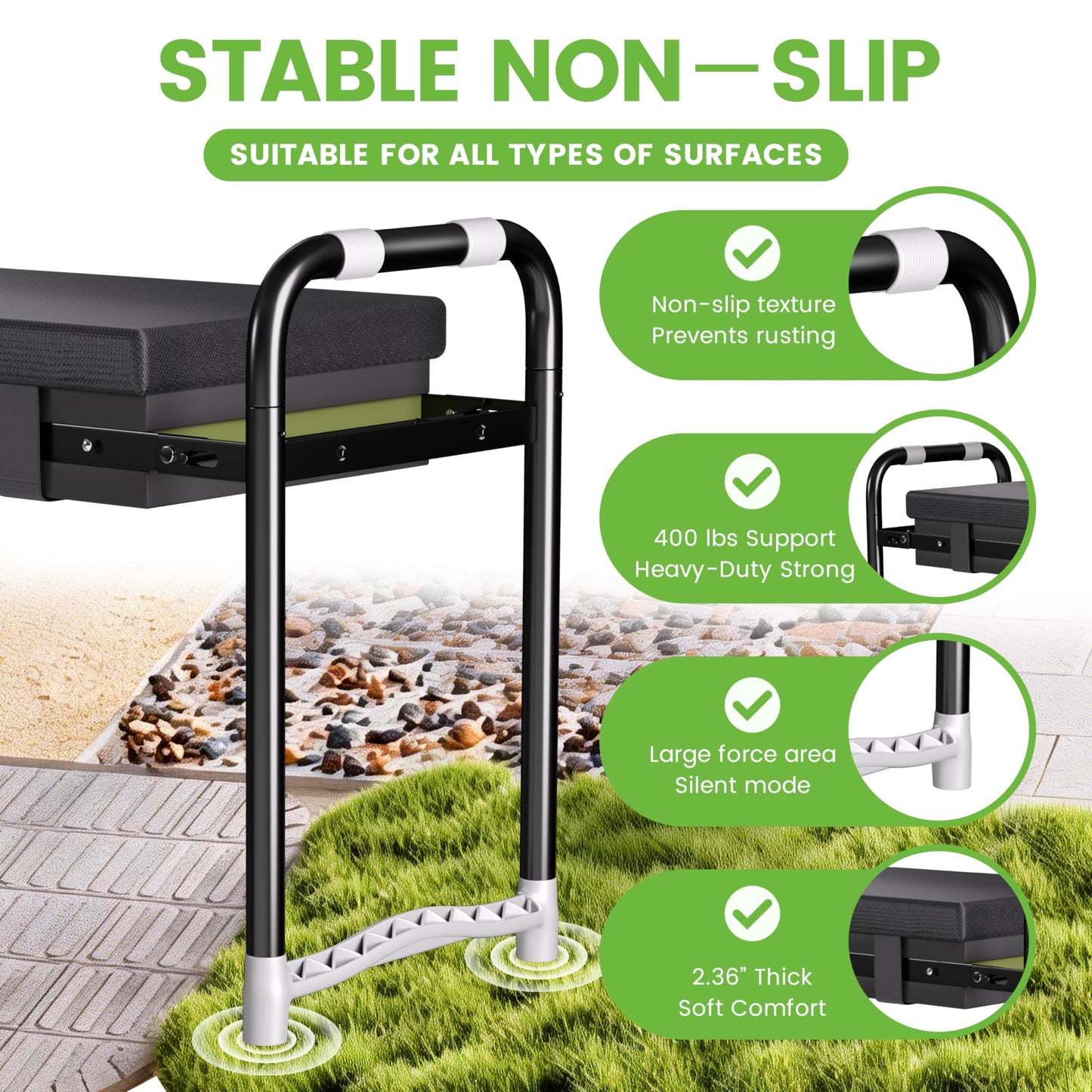 Vlantro 2-in-1 Garden Kneeler & Seat – Heavy Duty Foldable Gardening Bench, 400 lbs Capacity, Thick Removable Kneeling Pad, Waterproof Oxford Cushion, Portable Tool Pouch, for Seniors, Women, Mom