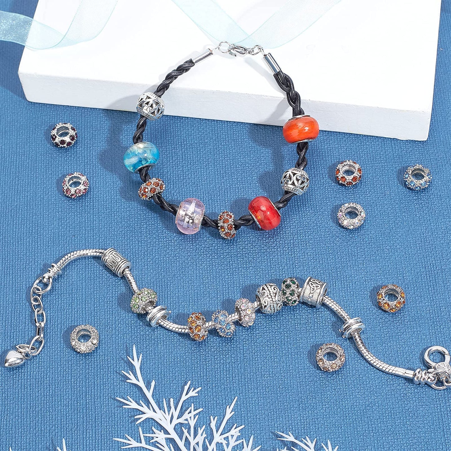 PH PandaHall 100pcs Rhinestone Large Hole European Beads, Platinum Mixed Color Crystal Rondelle Spacer Beads Fit European Snake Chain Charms Bracelet(11x6mm, Hole: 5mm)