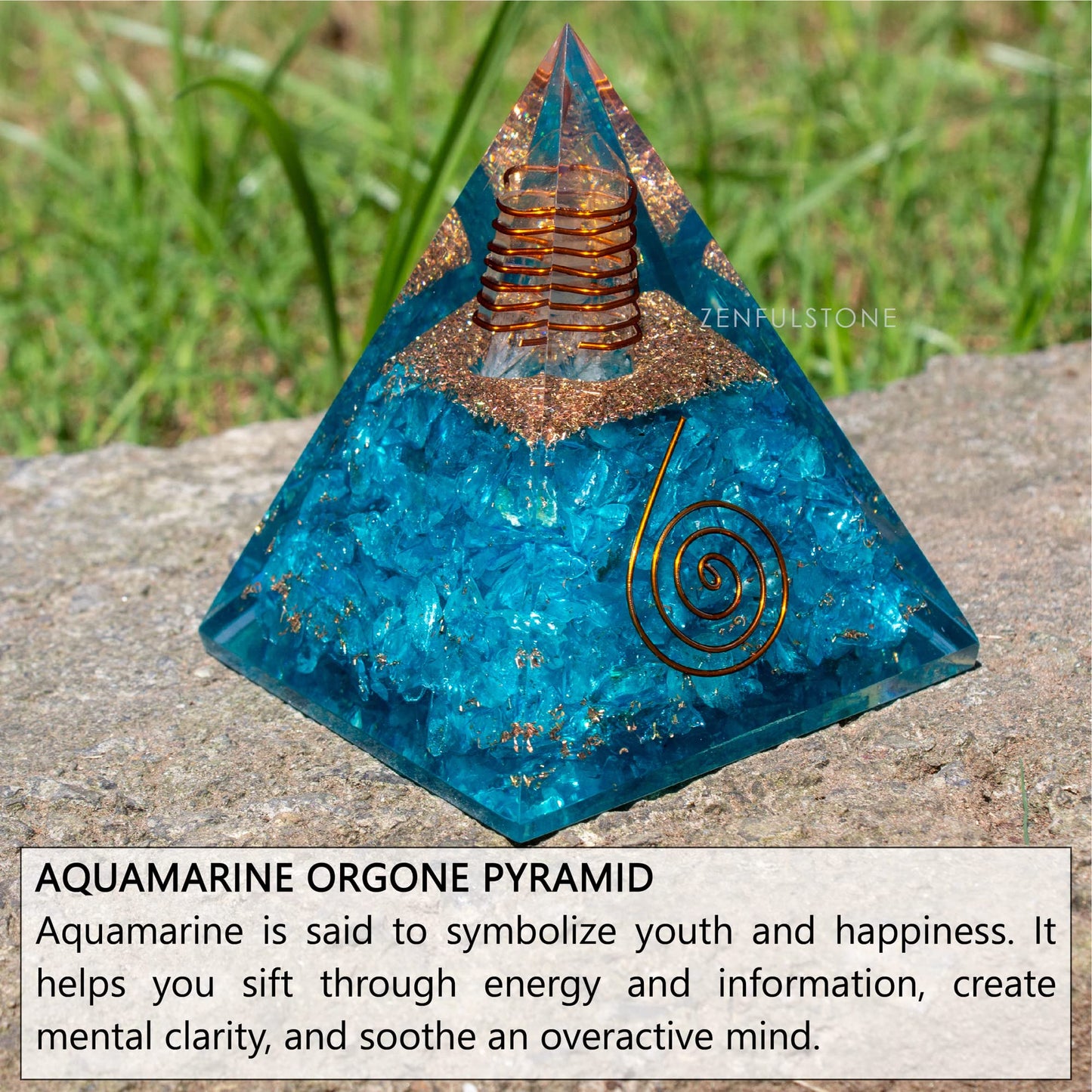 Aquamarine Orgone Pyramid for Joy & Happiness | Orgonite pyramids with Copper Coil and Crystal Quartz for Chakra Protection