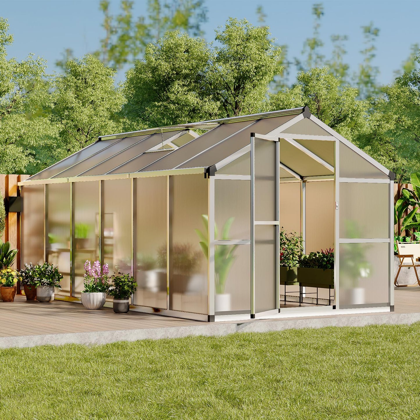 8x12 Ft Outdoor Greenhouses, Greenhouse Kit, Portablee Greenhouses with Ground Nails and Vent Windows, Sliding Lockable Door, Polycarbonate Green House for Outside Garden Backyard, White