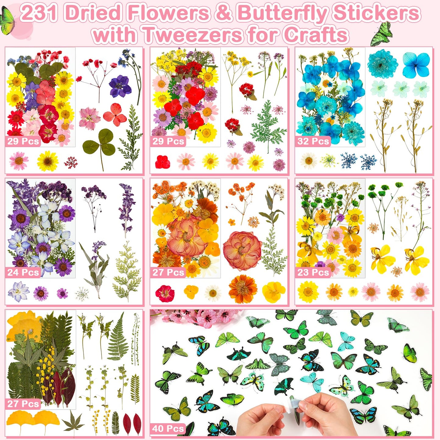 231 PCS Pressed Flowers Bulk for Resin Crafts, Dried Pressed Flowers Butterfly Stickers with Tweezers Real Natural Dry Wildflowers for Resin Molds DIY Art Candle Phone Cases Bookmark Jewelry Making