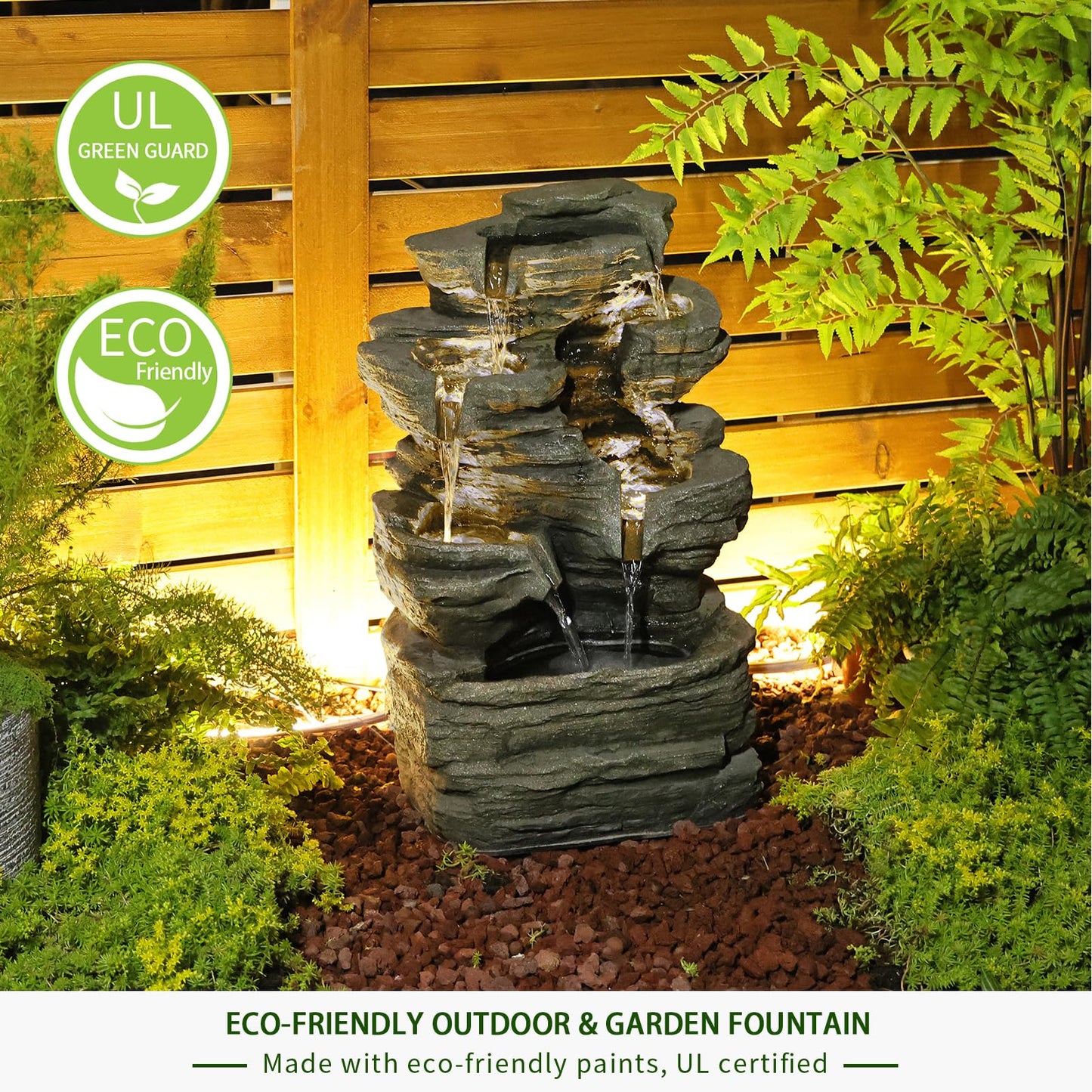 Bumilgar 6 Tier Cascading Rock Solar Water Fountain Outdoor Garden Waterfall Decor for Garden, Patio, Backyard, Deck, Porch and Home Art Decor,24.4" H Outdoor Fountain with LED Lights