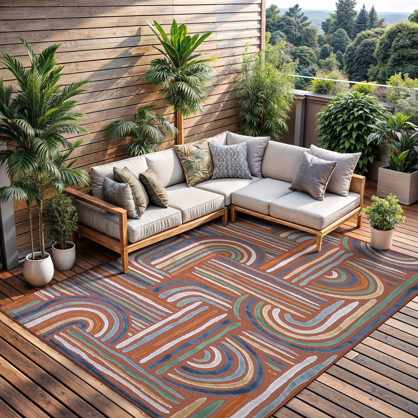 CAMILSON Indoor Outdoor Rug, Orange 6x9 Geometric Arch Striped Area Rugs for Patio and Home Areas, Easy-Cleaning Non-Shedding Living Room, Garden and Deck Washable Outside Carpet (6 x 9)