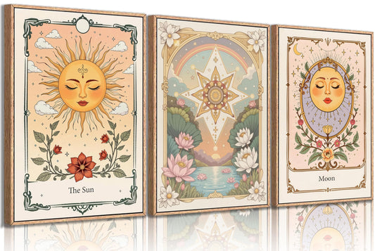 3pcs Sun And Moon Celestial Canvas wall art Tarot Astrology Paintings Pictures Wall Decor Boho Lotus Floral Posters Prints Artwork for Living Room Bedroom Dorm Apartment Home Decoration Unframed