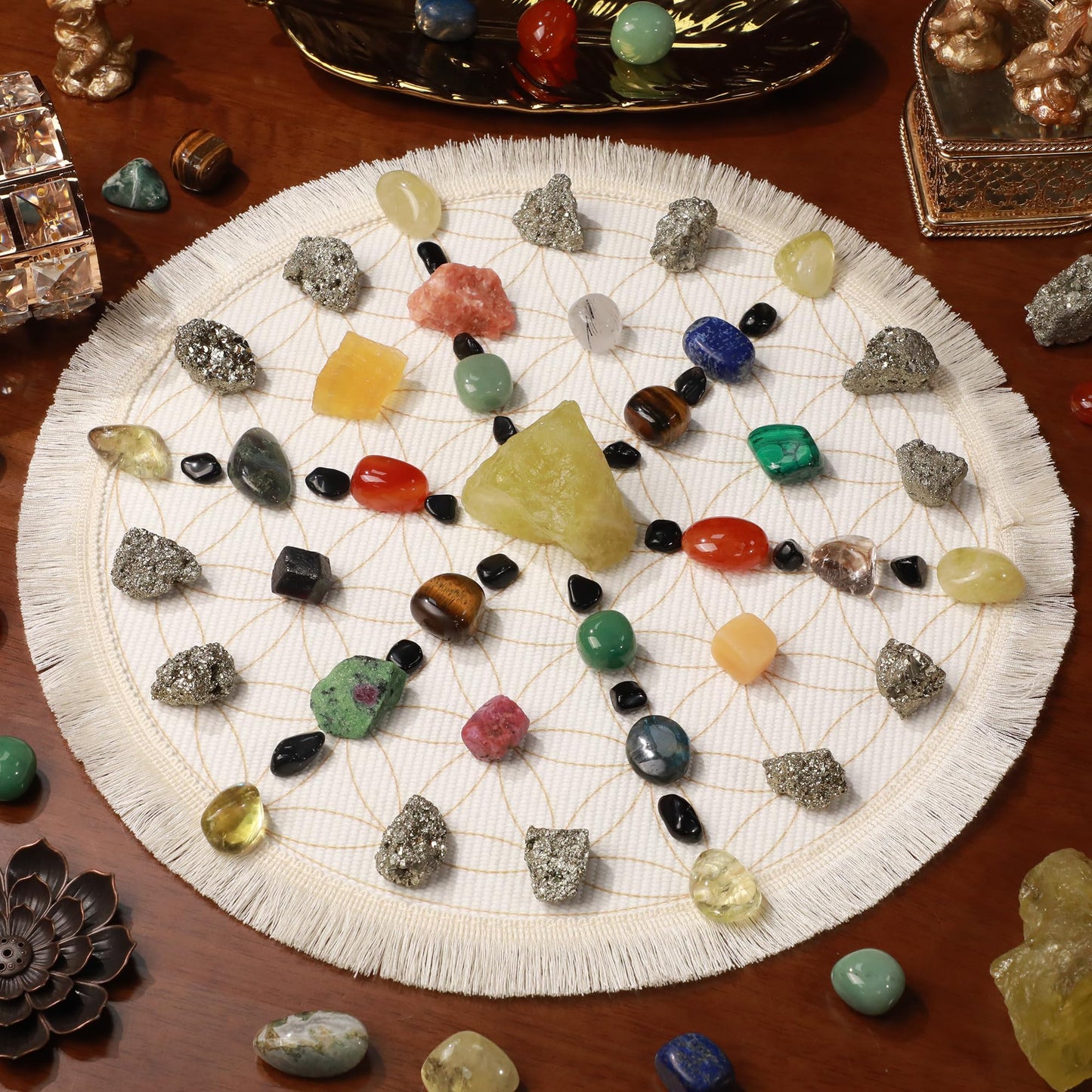 Oletiacisi 38 Pcs Crystals and Healing Stones. 65 oz Healing Crystal Set for Meditation, Crystal Collection, Decor. Oletiacisi Crystal Abundance Set. Sacred Geometric mat Help Setup a Crystal Grid