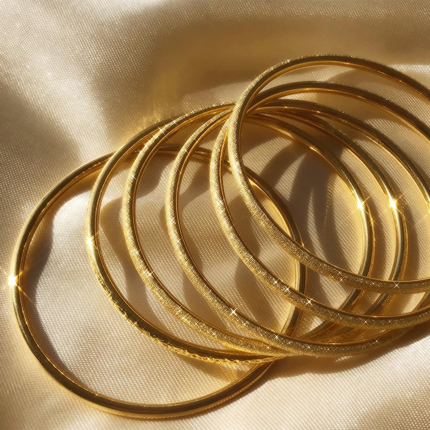 Kainier 3mm 14K Gold Plated Bangle Bracelets 3mm Elegant Thin Round Bangles for Women Stackable Solid Bracelets Sets Ideal Gift for Love (Gold B, 8.0 Inches)