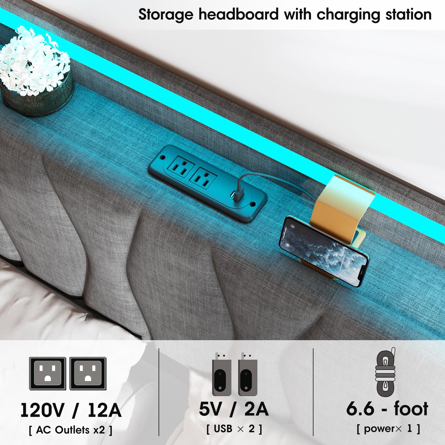 Fameill Full Size Lift Up Storage Bed Frame, Height Adjustable Storage Headboard with Charging Station, LED Lights Upholstered Platform Bed, Wooden Slat, No Box Spring Needed, Noise-Free, Dark Grey