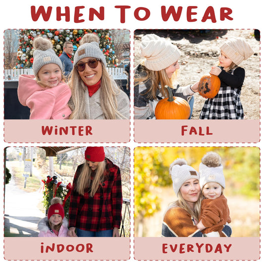 Funky Junque Matching Adult Toddler Infant POM Hat - Adult/Toddler/Infant Leopard Beige (3 Pack)