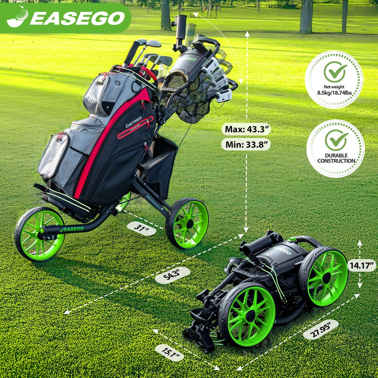 EASEGO Golf Push Cart 3 Wheel : Golf Bag Cart Foldable with Phone/Cup/Umbrella Holder Compact Golf Pull Carts Quick Fold Golf Caddy Push Carts with Large Wheelbase for Different Terrain (Lemon Green)