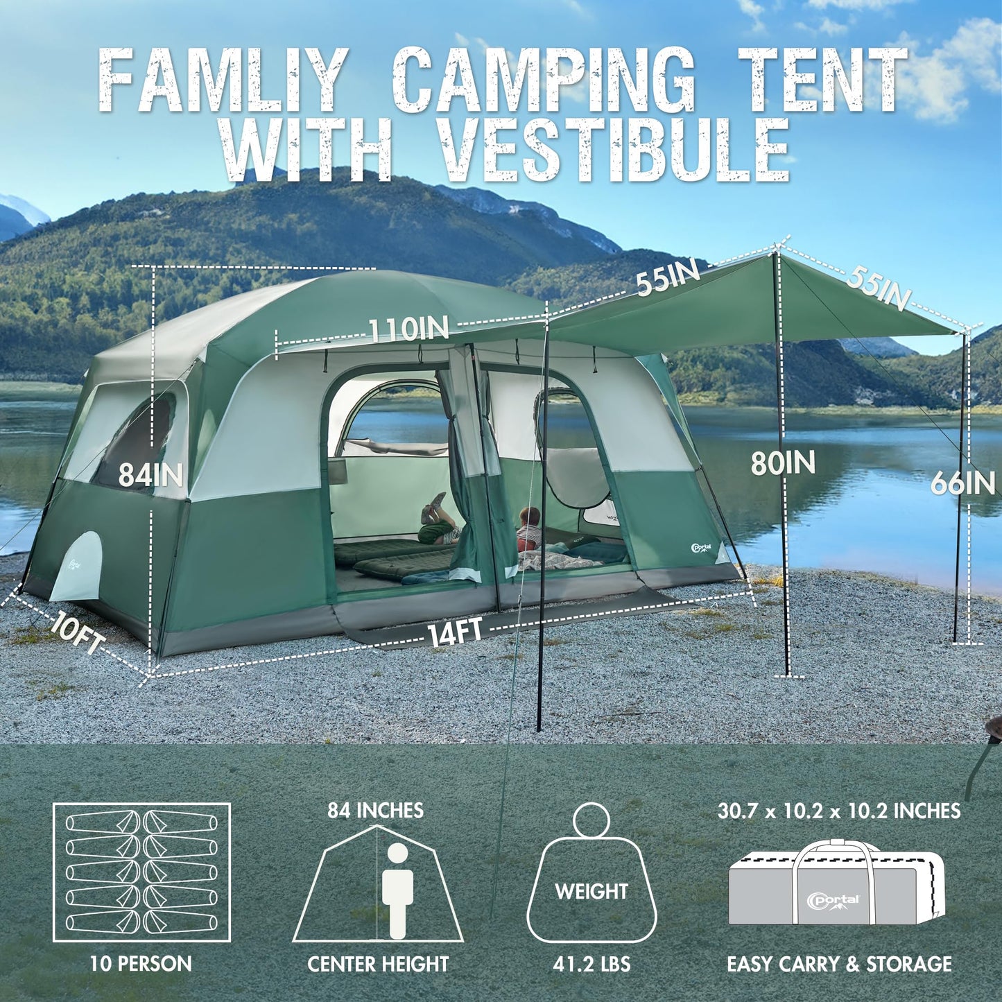 Portal 10 Person Camping Tent with Porch,Water Resistant,Big Family Cabin Tent with 2 Rooms, 6 Large Mesh Windows, Divided Curtain for Outdoor, Traveling, Camping