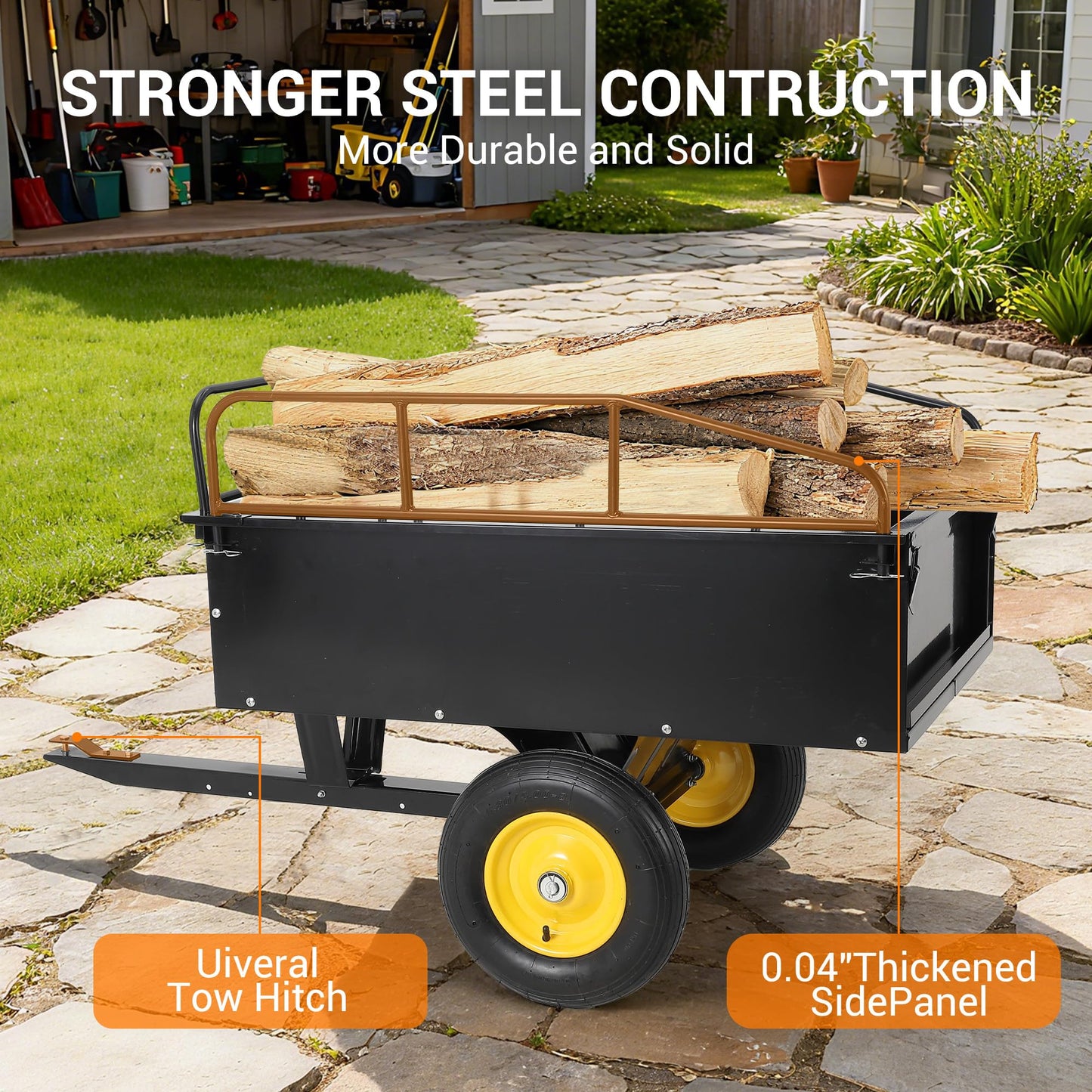 750LB Dump Cart, Heavy Duty Steel Garden Utility Trailer with Manual Dump,Pull Behind Trailer for Lawn Mower, Tractor, ATV for Yard & Farm