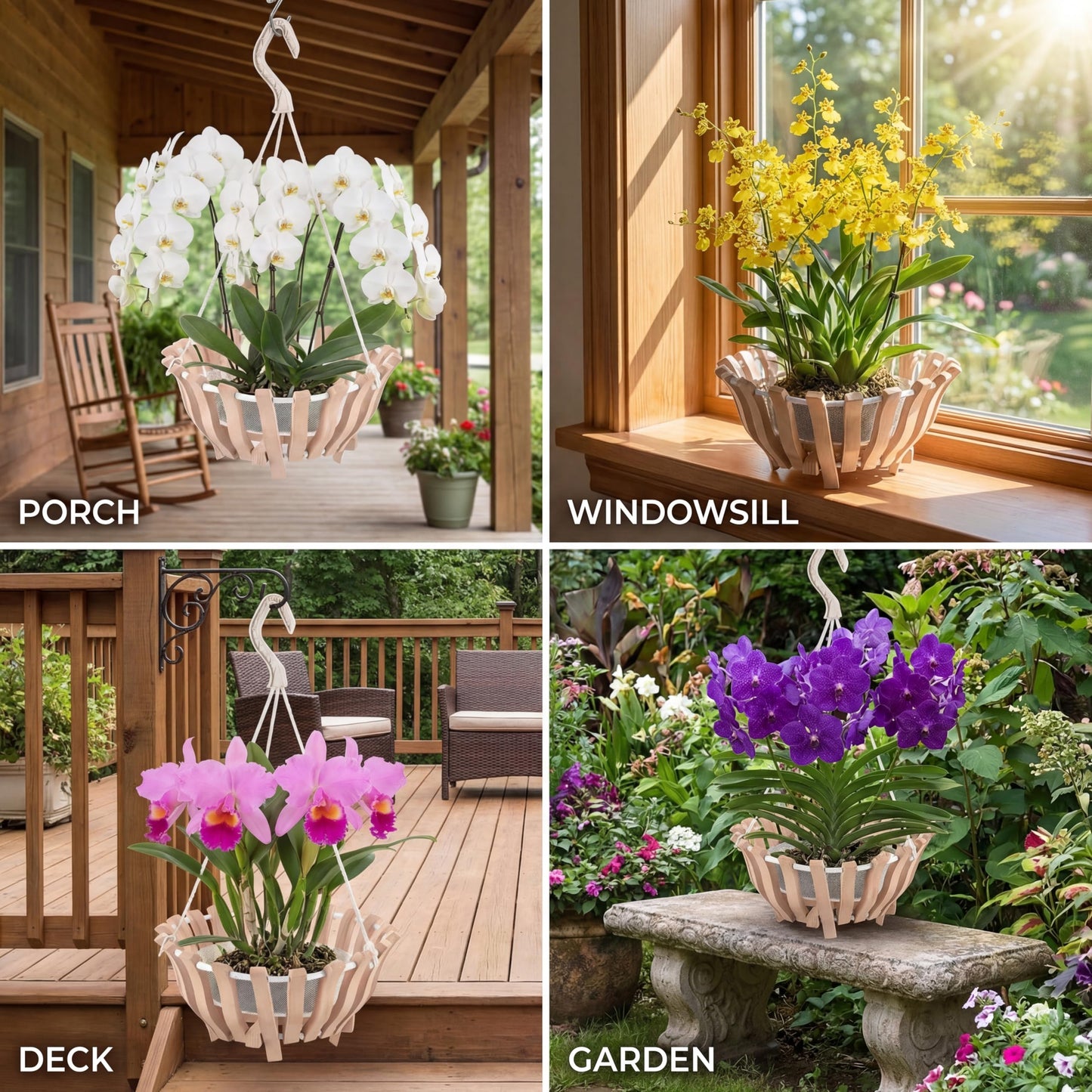 Ferrochef 2 Sets Rustic Orchid Pots with Holes, Orchid Hanging Planter with Hangers, Wooden Lotus Flower Shape 10 & 8 Inch Specialist Hanging Baskets for Outdoor Patio Garden