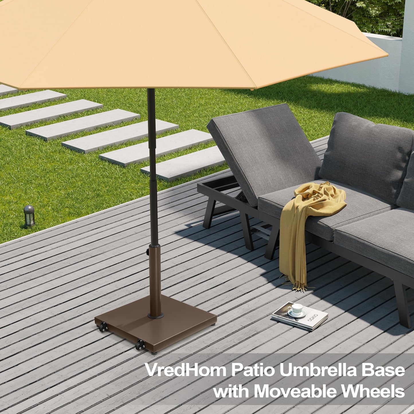 VredHom Patio Umbrella Base 40lbs Outdoor Umbrella Stand with Wheels, Heavy Duty Square Concrete Stand Market Umbrella, Brown
