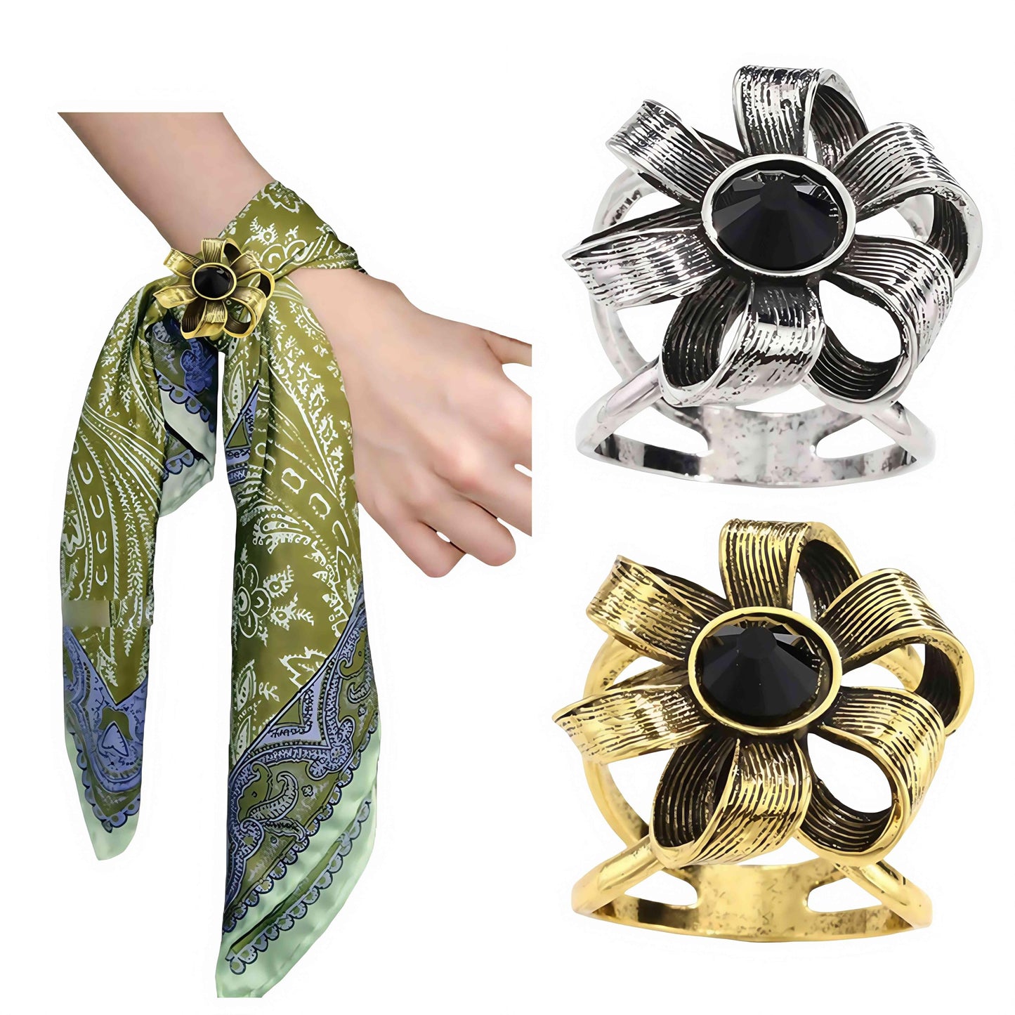 SYWDUDUCLT Gold and Silver Vintege Flower Scarf Ring, Metal Alloy with Black Crystal Center, 2 Pieces