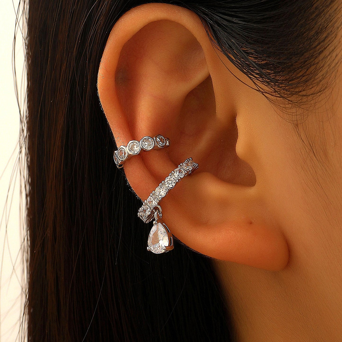 2 Pairs Hoop Earrings for Women Trendy Huggie Ear Cuffs Non Piercing Clip On Earring Silver Hypoallergenic Rhinestone Cartilage Earring Sets for Multiple Piercing Cute Small Jewelry Gift