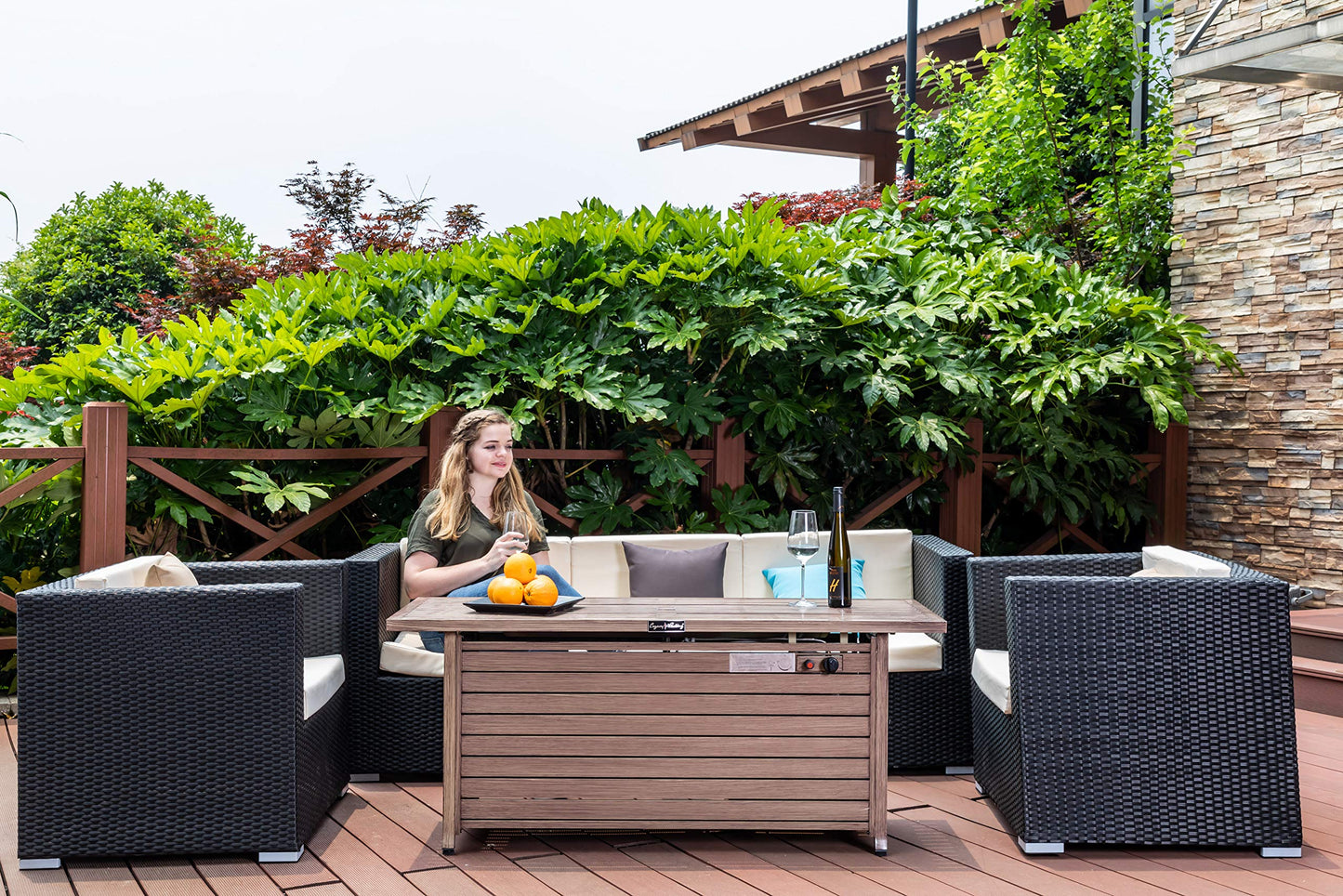 57 Inch 50000BTU Fire Table with Glass Wind Guard, with Cover and Table Lid, Nature Wood Coating
