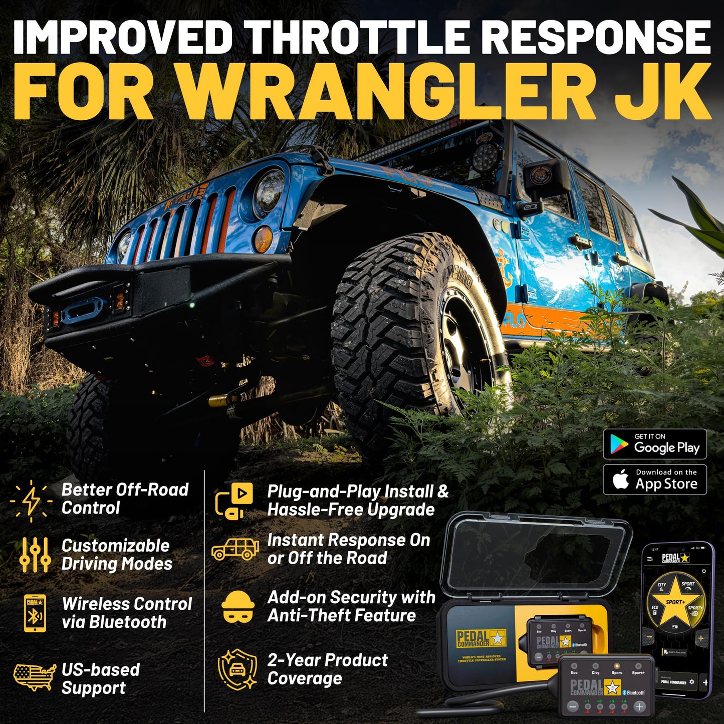 PEDAL COMMANDER for Jeep Wrangler JK 2007-2018 Throttle Response Controller - Plug-and-Play Upgrade, App Control, Throttle Controller Off-Road Performance Mods Jeep Wrangler Accessories