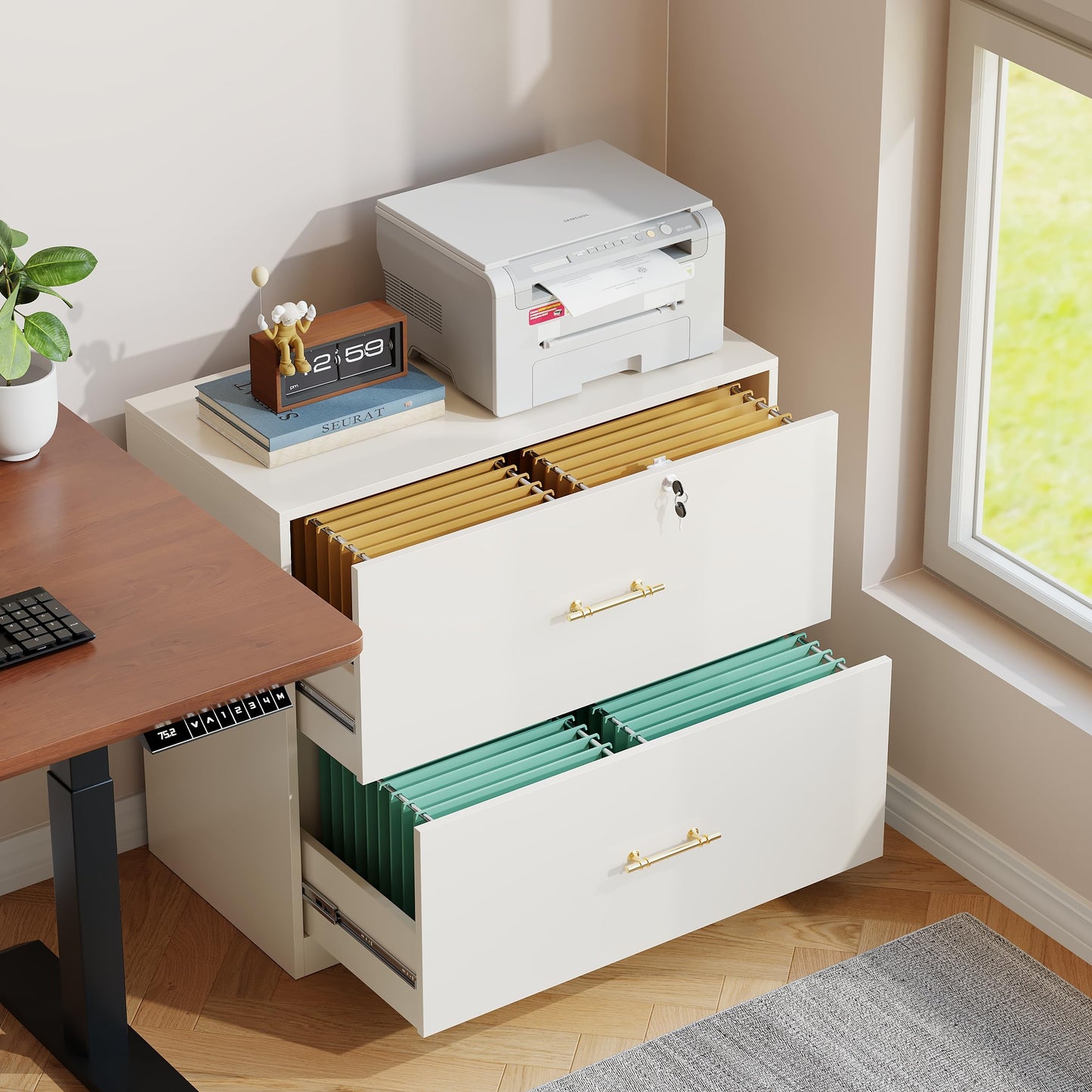 GFGWXW 2 Drawer Lateral File Cabinet with Lock, Suitable for Letter/A4/F4/Legal Size Hanging Files,Large Wood Filing Storage Cabinets Printer Stand for Home Office,White