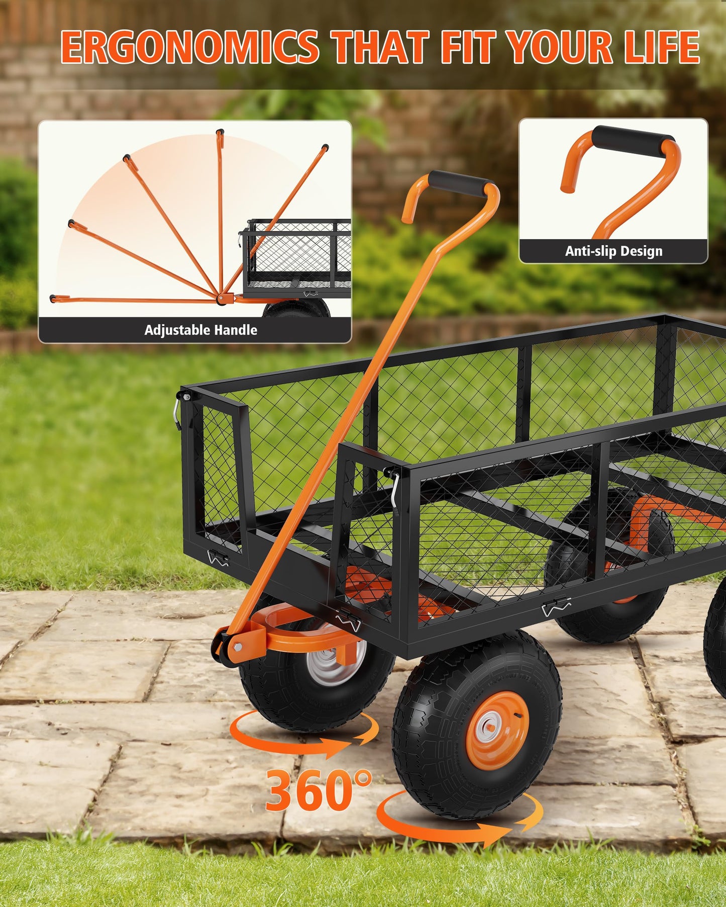 GarveeLife Heavy Duty Steel Garden Cart, 900 LBS Capacity 3 in 1 Pullable Garden Wagon with 10 in Wheels, for Gardening Soil, Tools, and Plant Transport