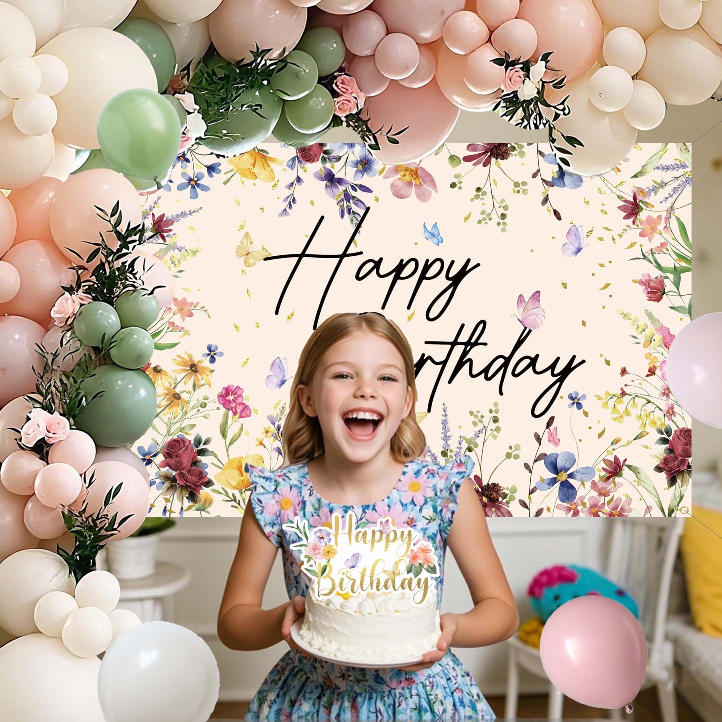 Wildflower Birthday Decorations for Women Girls, Sage Green Dusty Pink Balloon Arch Garland Kit with Floral Happy Birthday Backdrop, 12 Cupcake Toppers, Boho Spring Garden Party Supplies