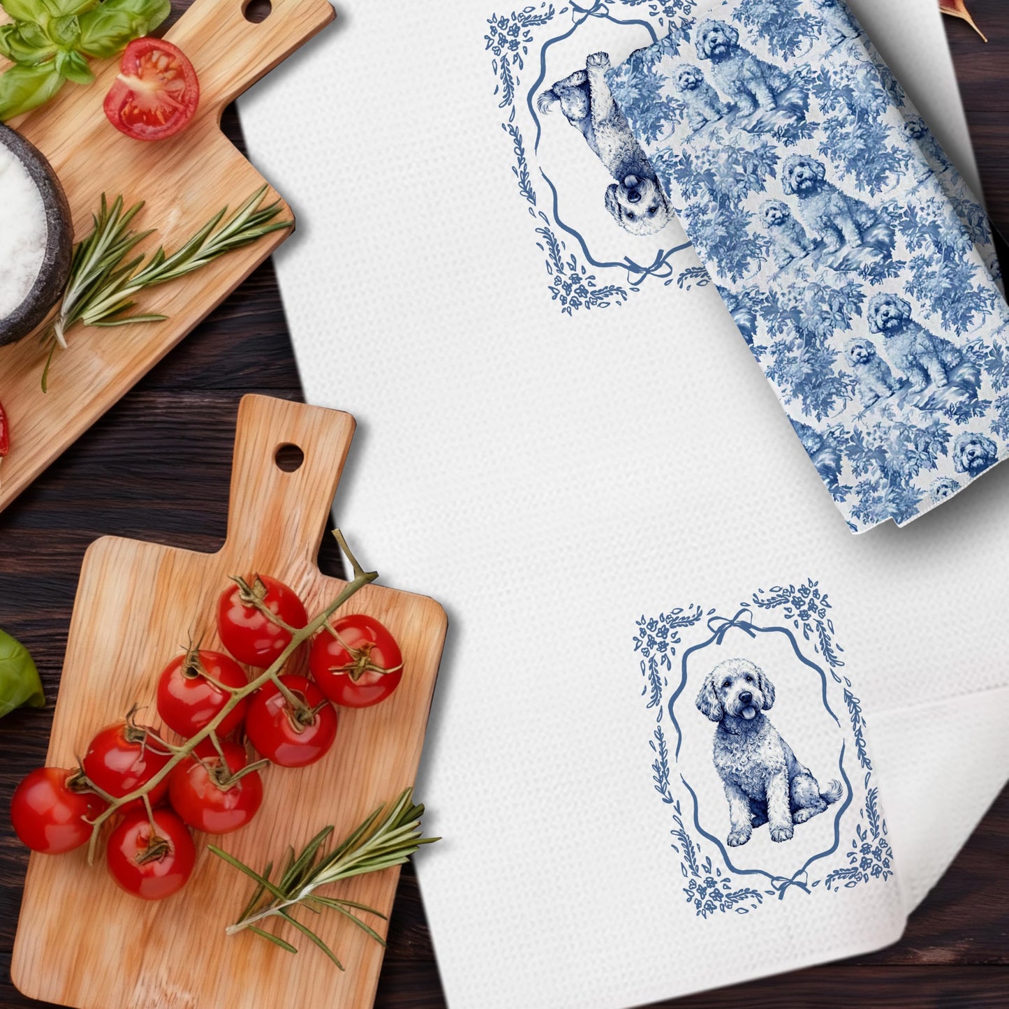 DAYOUER Chinoiserie Goldendoodle Kitchen Dish Towels, Goldendoodle Gifts, Blue and White Chinoiserie Golden Doodle Decor Hand Tea Towels for Bathroom Kitchen, 16x24 Inches Set of 2