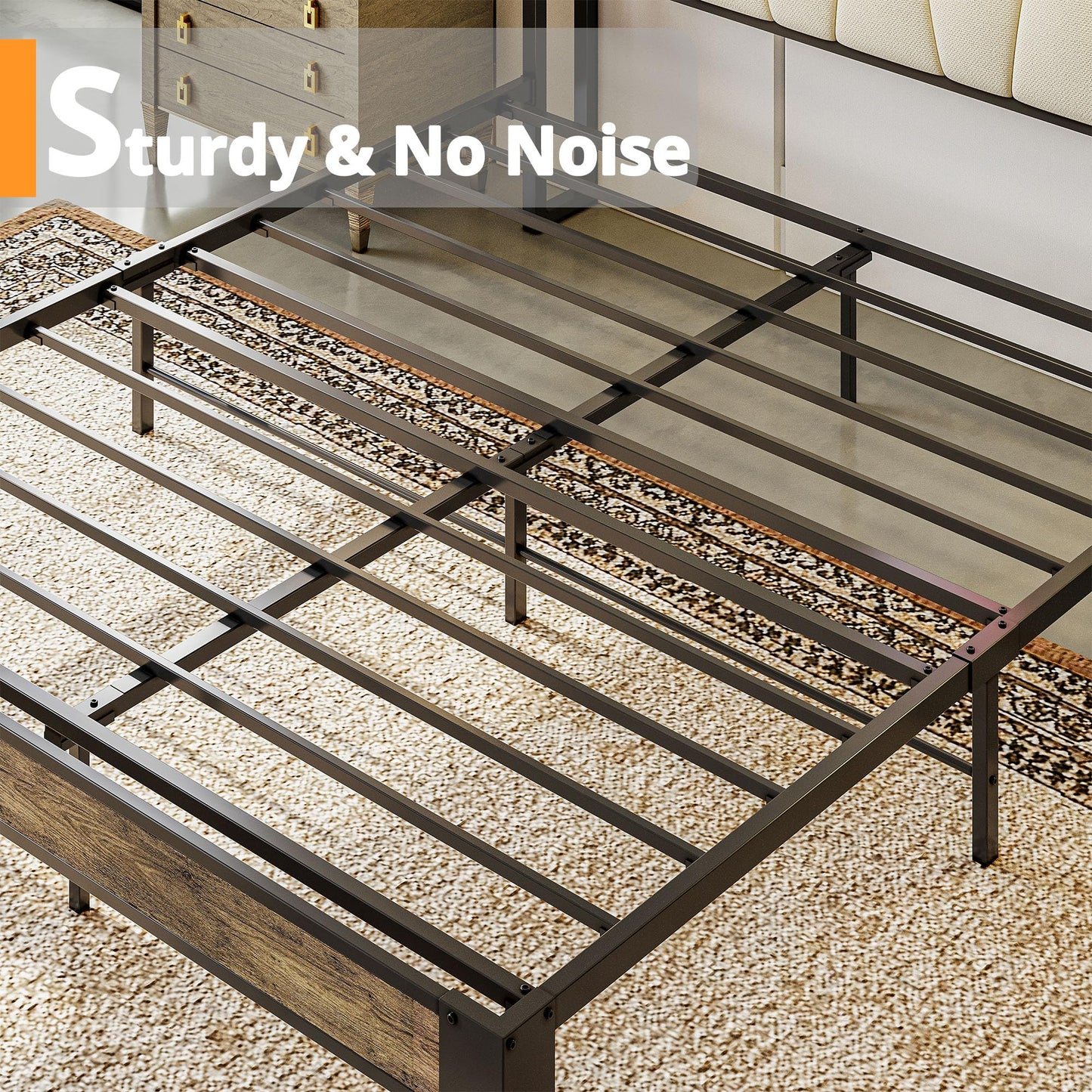 LIKIMIO Queen Bed Frame, Storage Headboard with Charging Station, Solid and Stable, Noise Free, No Box Spring Needed, Easy Assembly (Walnut and Beige)