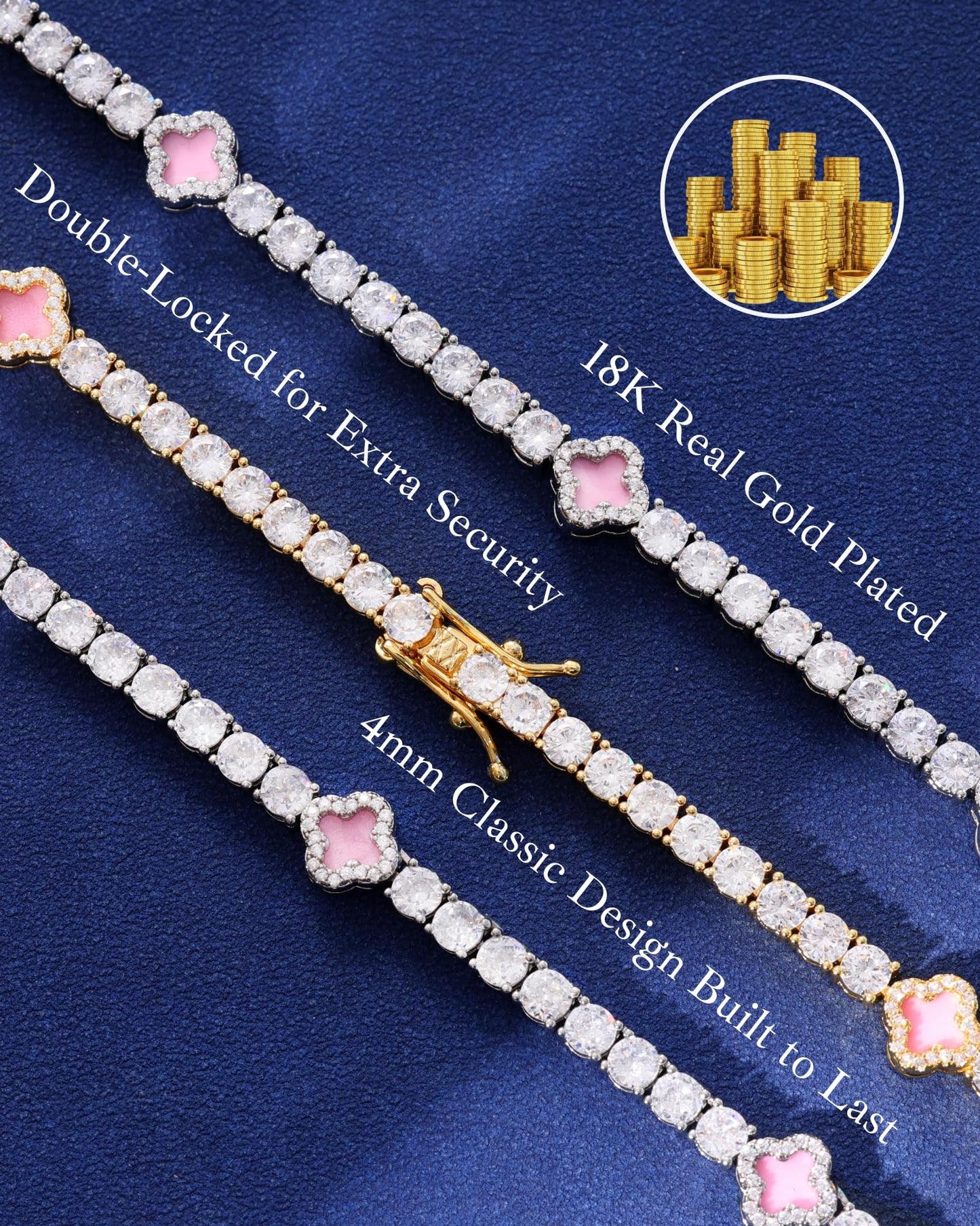 LuxeFlex 4mm Iced Out Clover Tennis Bracelet, White Gold Plated with 5A Zircon Stones, Handmade exquisite Hip Hop Jewelry, Perfect Unisex Gift (Gold-Pink,7)