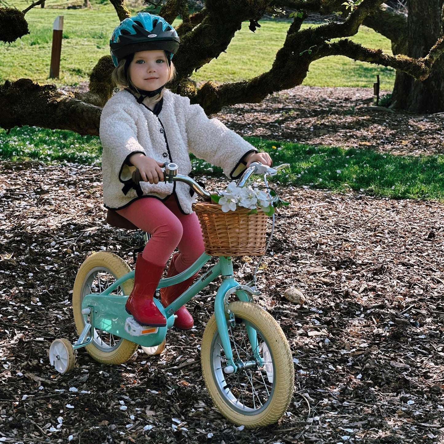 Petimini 18 Inch Little Kids Bike for Age 5 6 7 8 Years Old Girls Retro Vintage Style Bicycles with Basket Training Wheels and Bell, Blue