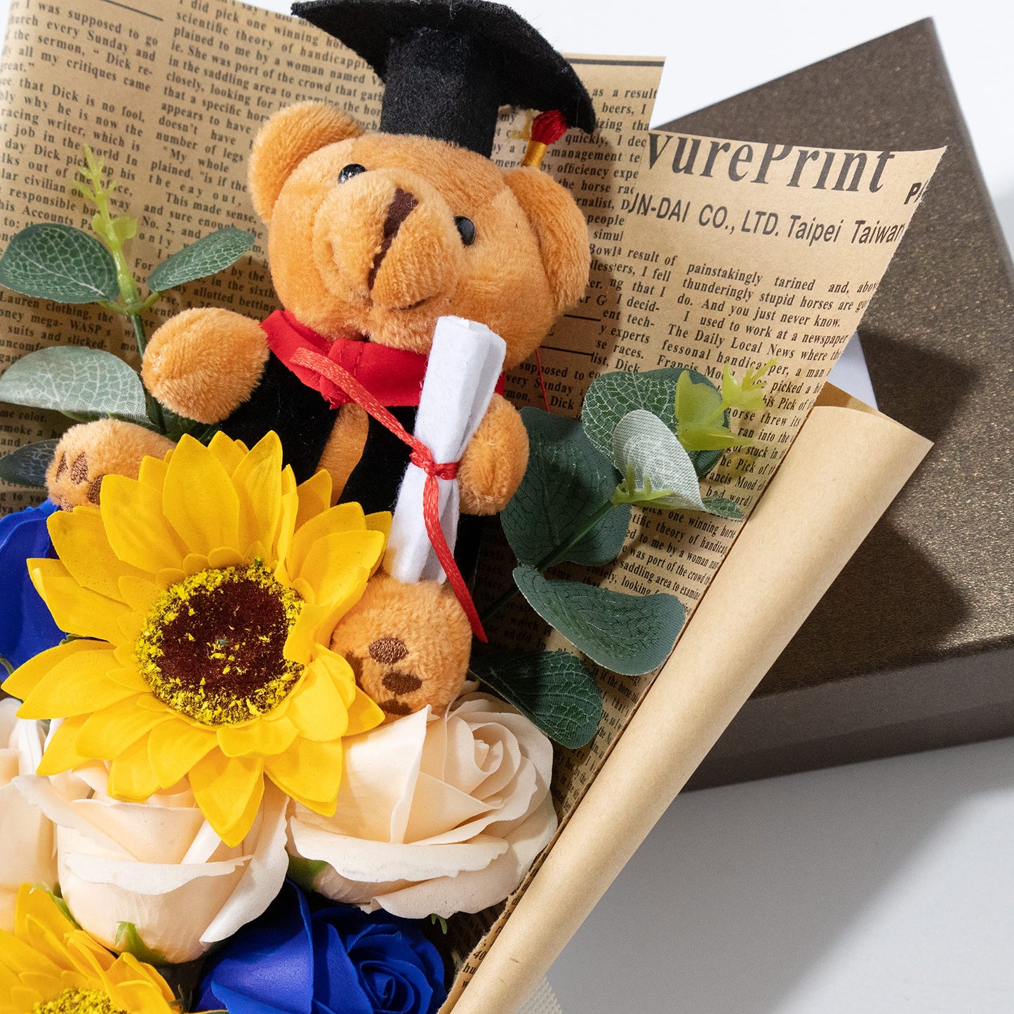 Ansuma 13" Graduation Rose Sunflower Scented Soap Flower Bouquet Mini Plush Graduate Teddy Bear with Grad Cap Floral Arrangements Gift Box for Graduation Party Favors Supplies (Blue)