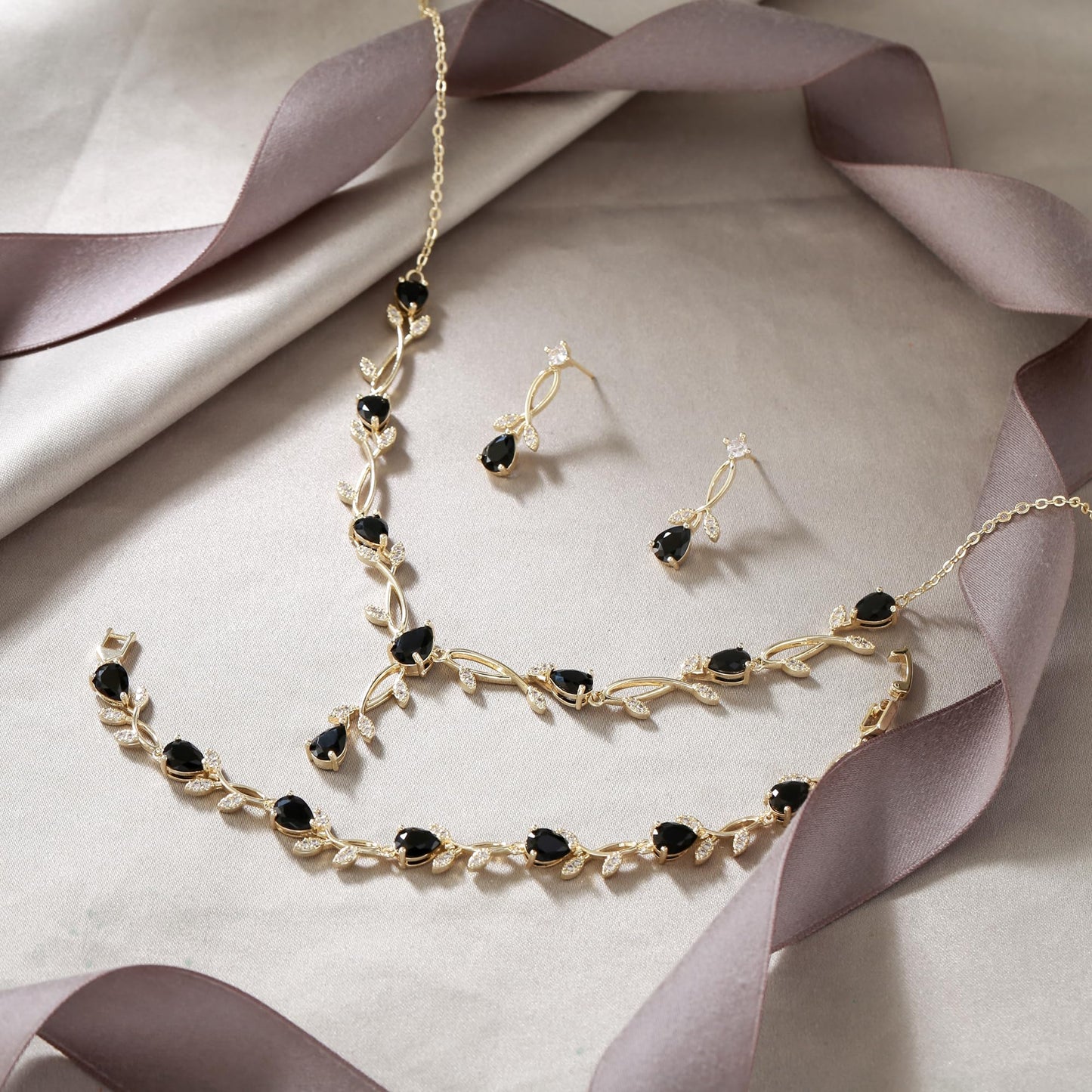 EVER FAITH Prom Party Jewelry Set for Bride Bridesmaid, Black Teardrop Cubic Zirconia Gold-Plated-Brass Leaf Vine Bridal Necklace Dangle Earrings Bracelet Sets for Women