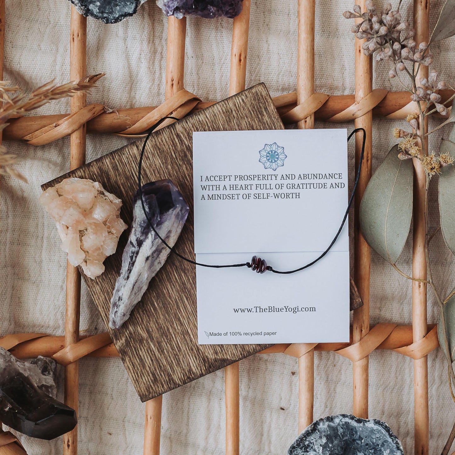 The Blue Yogi Healing band -2 in 1 protection Bracelet/Anklet with an affirmation- Tie Closure (Garnet)
