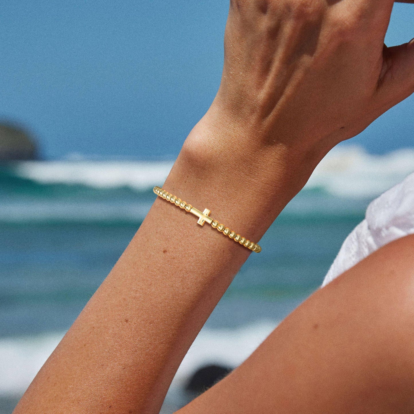 Beaded Bracelets for Women 14K Silver Gold Plated Stretch Handmade Ball Bracelets Cute Charm Bracelet Dainty Stackable Cross Heart Bow Wave CZ Circle Trendy Jewelry Easter Gifts (cross)