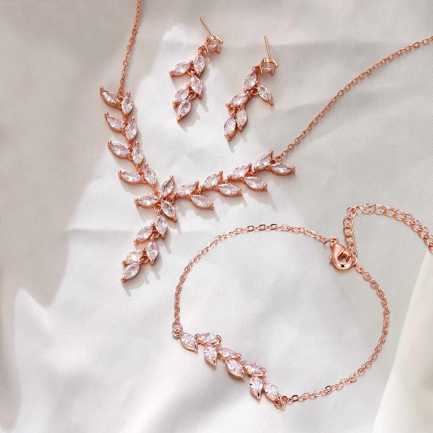 EVER FAITH Wedding Cubic Zirconia Jewelry Sets for Bride Bridesmaid, Sparkly Marquise Leaf Necklace Dangle Earrings Bracelet Set for Woman Clear Rose Gold-Plated-Brass