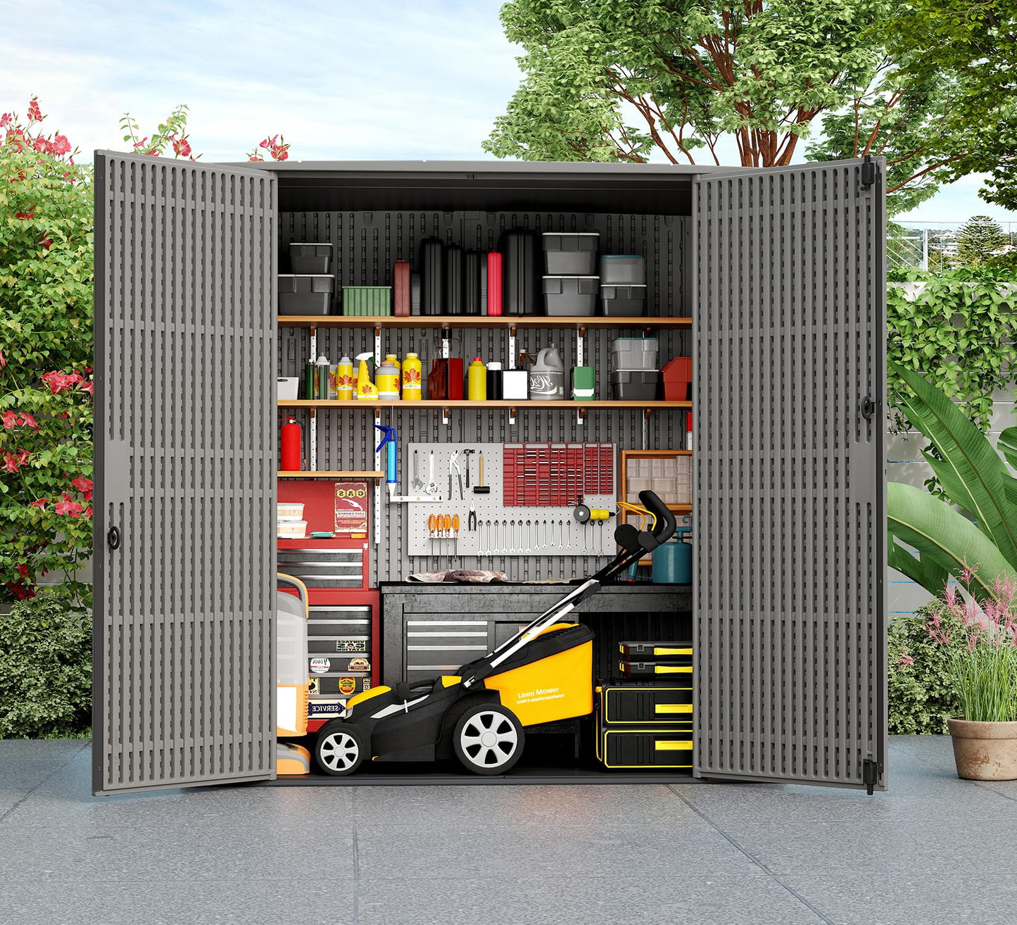 ZZM Outdoor Storage Shed 6x4 Ft, All-Weather Resistant Resin Garden Sheds & Outdoor Storage Clearance with Floor and Windows, Double-layer Plastic Tool Shed for Backyard, Patio & Lawn (Gray,Flat Roof)