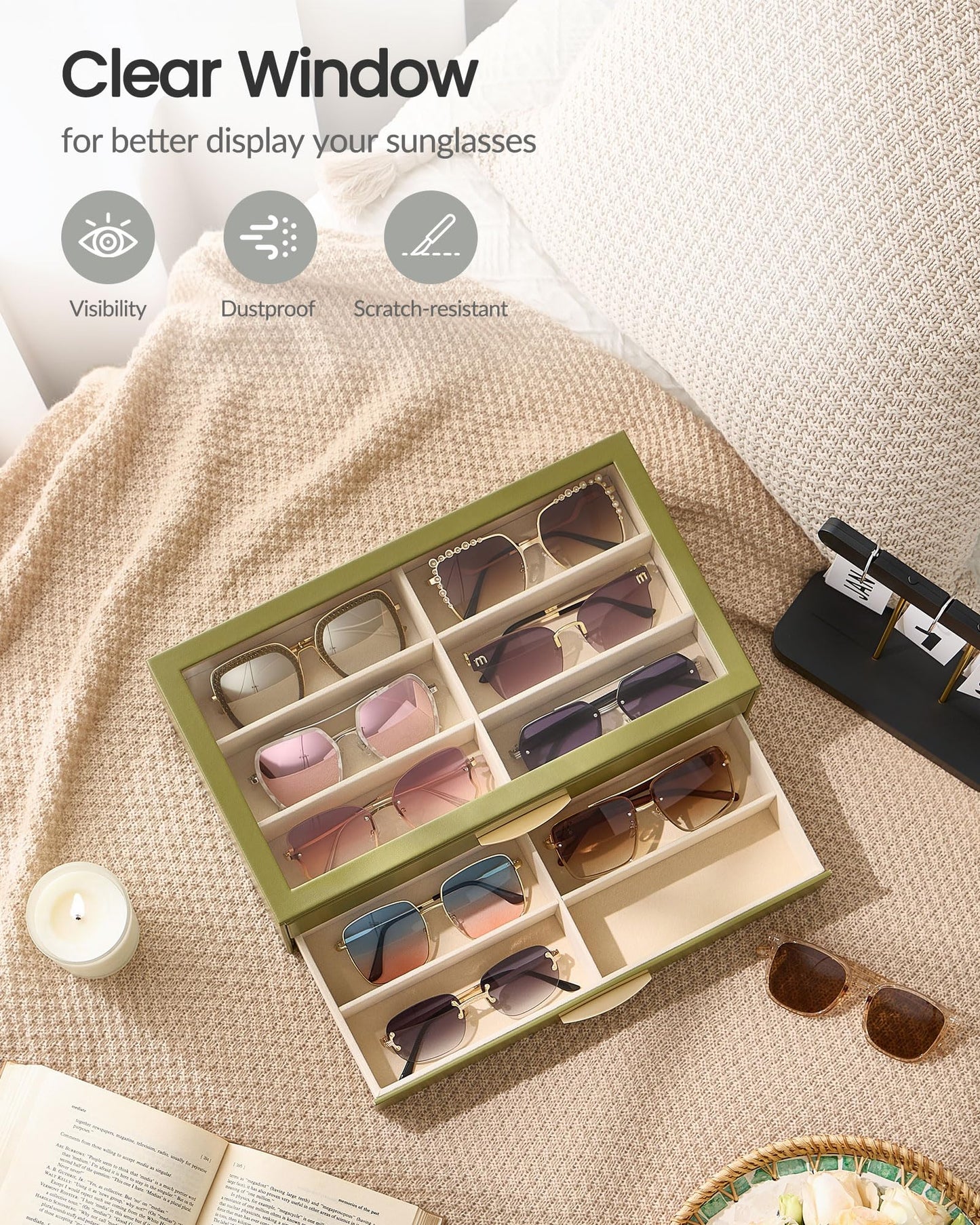 Lolalet 12 Slots Women’s Sunglasses Organizer with Enlarged Compartment, 2-Layer Eyewear Storage Box, Glasses Case Display Holder with Clear Lid for Eyeglass Collection, Mothers Day Gifts -SageGreen