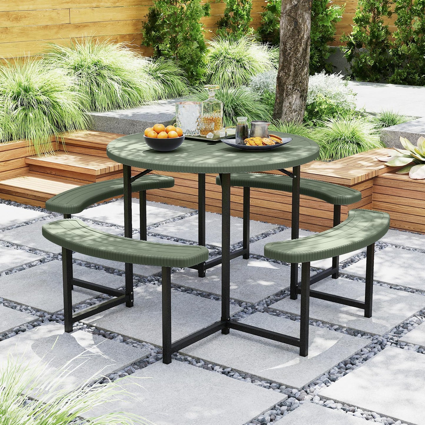 Giantex Picnic Table Bench Set for 4-8 Person, Round 37” Outdoor Dining Table w/Umbrella Hole, HDPE Tabletop, Metal Frame, Patio Furniture Set for Backyard Porch Lawn, 1400lb Capacity (Green,Round)