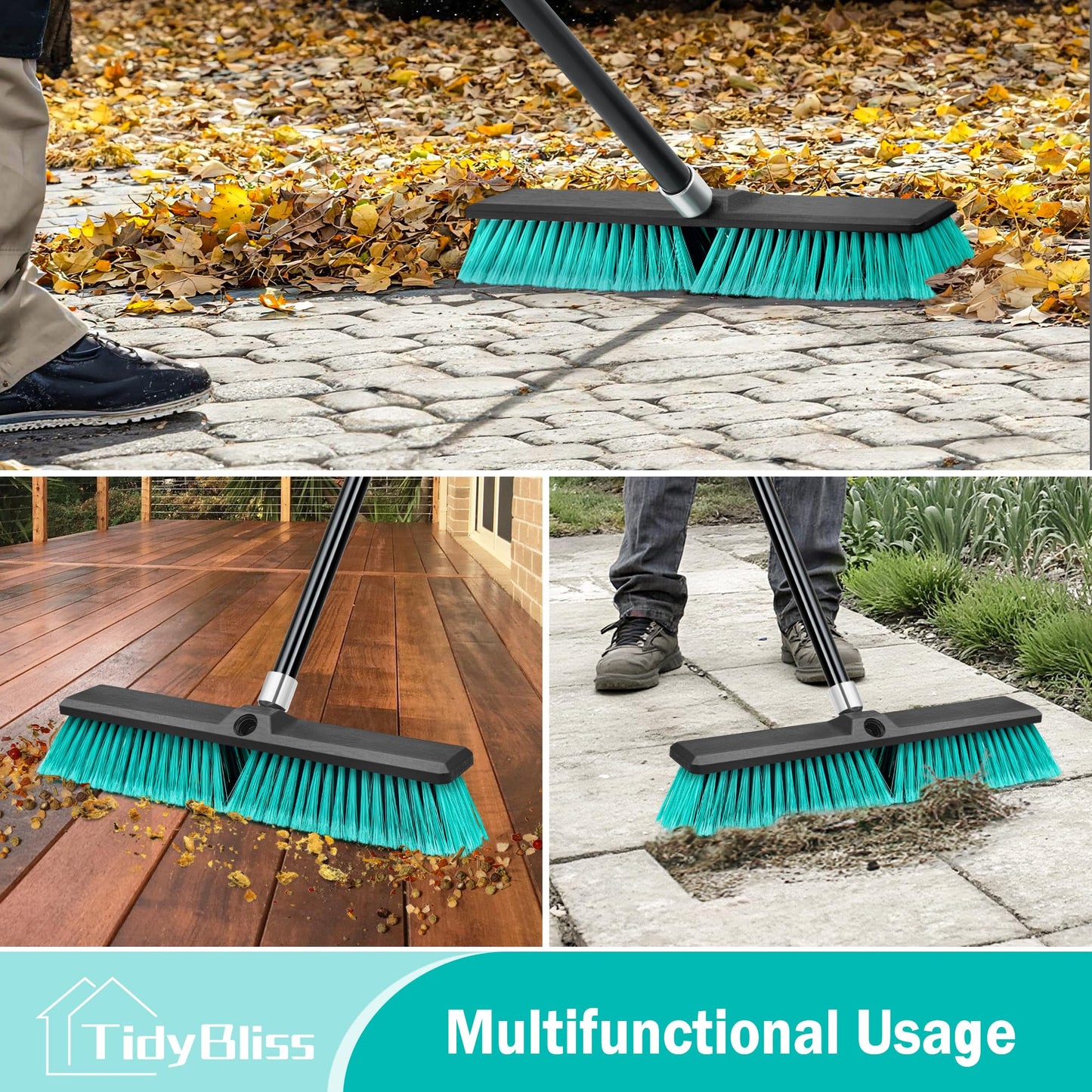 TidyBliss 18” Push Broom Outdoor Heavy Duty 3 Pack, Large Commercial Stiff Bristle Brush with 63 inches Long Handle for Garage Shop Garden Yard Patio Deck Street Warehouse Lawn Driveway (Green)