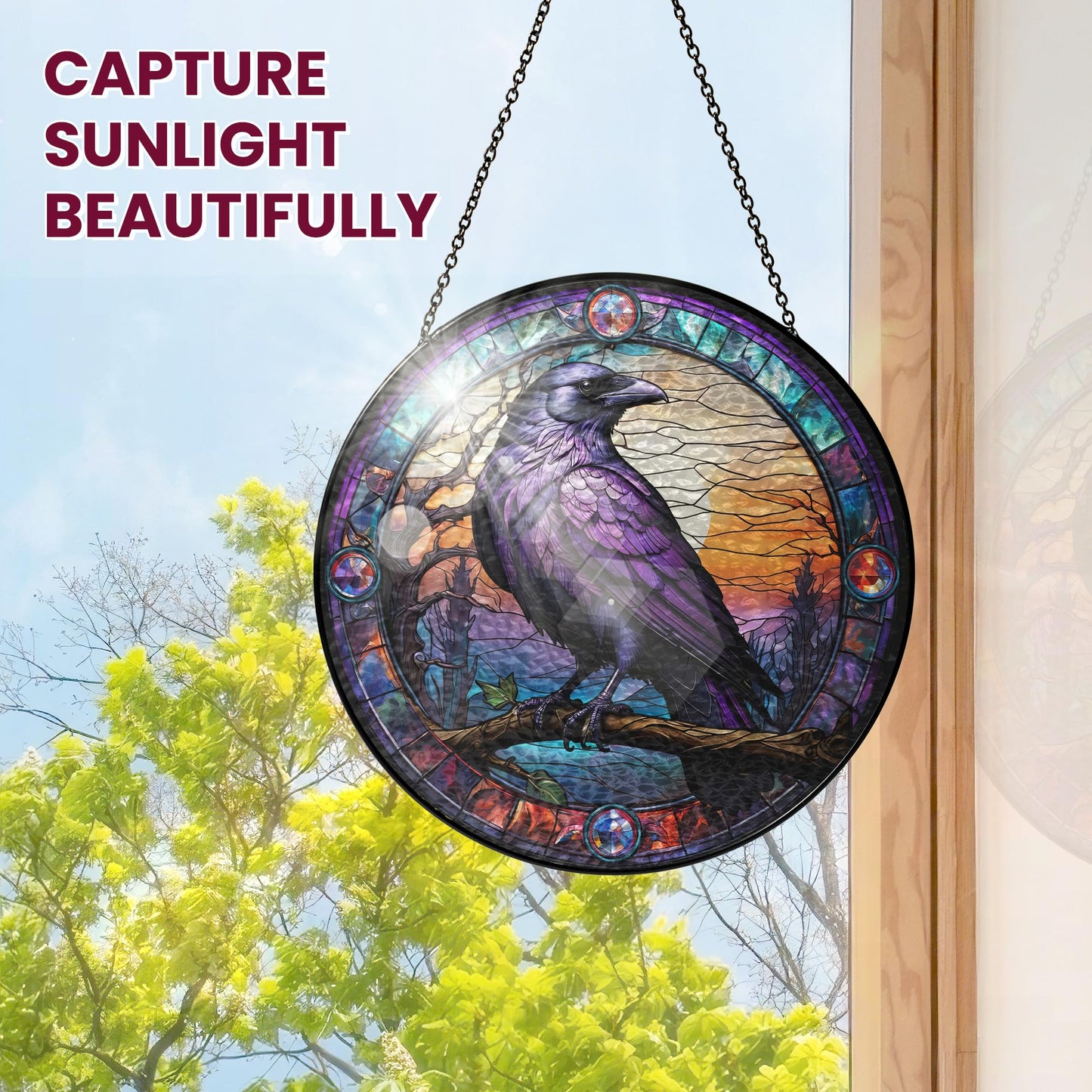 FLAGWIX Raven Stained Glass Window Hanging 8 in - Crow Gifts Decorations - Black Crow Sun Catchers Indoor Window for Gothic Home Decor, The Raven Gifts for Women Men Friends Family