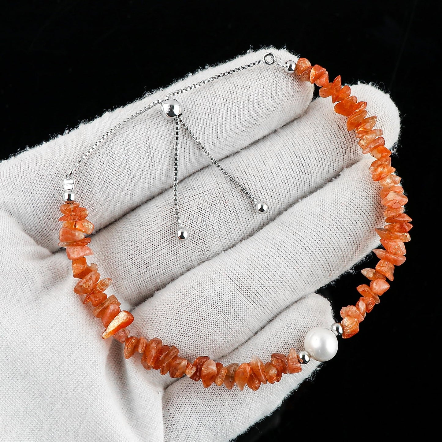 CRYSTALIS Natural Sunstone Beads Slider Bolo Bracelet with Elegant Pearl, Uncut Chips Nuggets Crystals, Chakra Healing Gemstone, Women Jewelry, 925 Sterling Silver Slider 10 inch