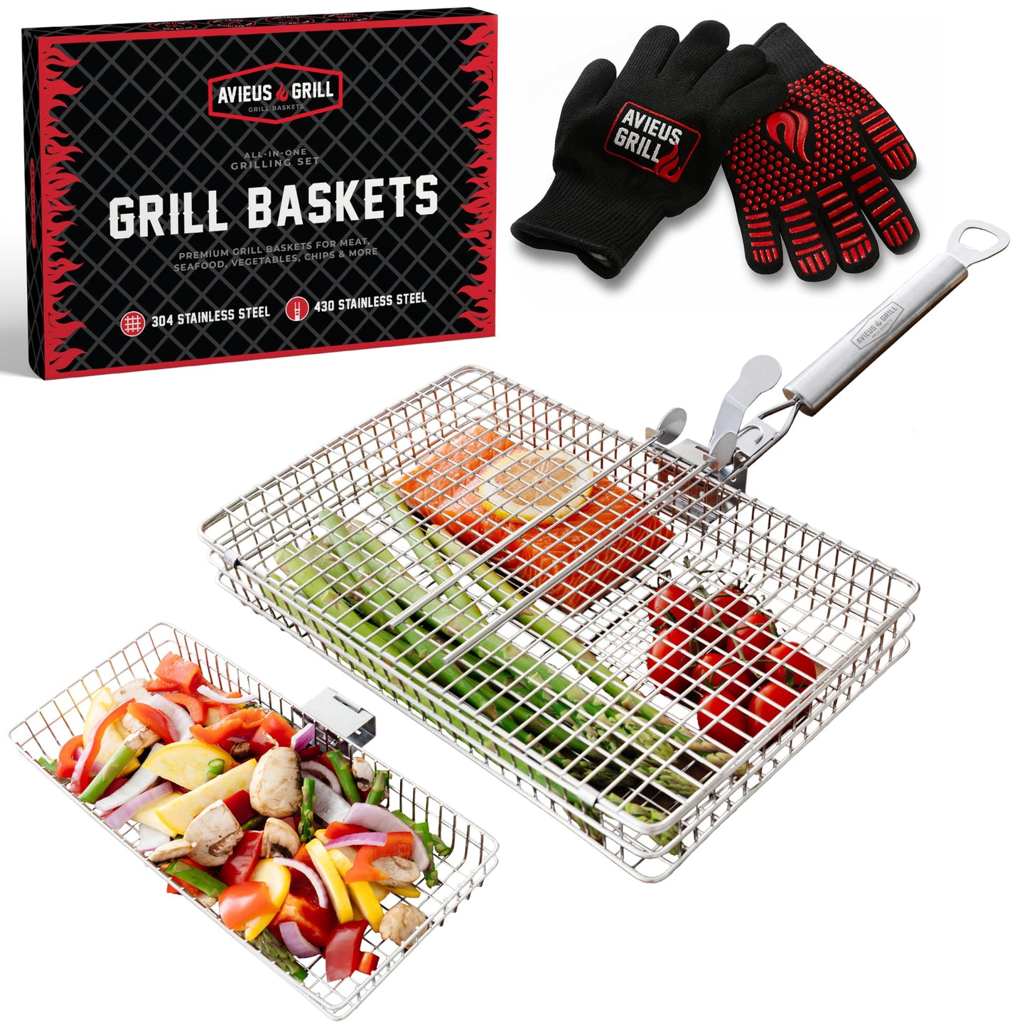 AVIEUS Grill Grill Baskets for Outdoor Grill | 2 Grilling Baskets with Detachable Handle | Barbecue Grill Set with BBQ Gloves | Portable Camping Net Rack Perfect for Vegetables, Seafood & Meat